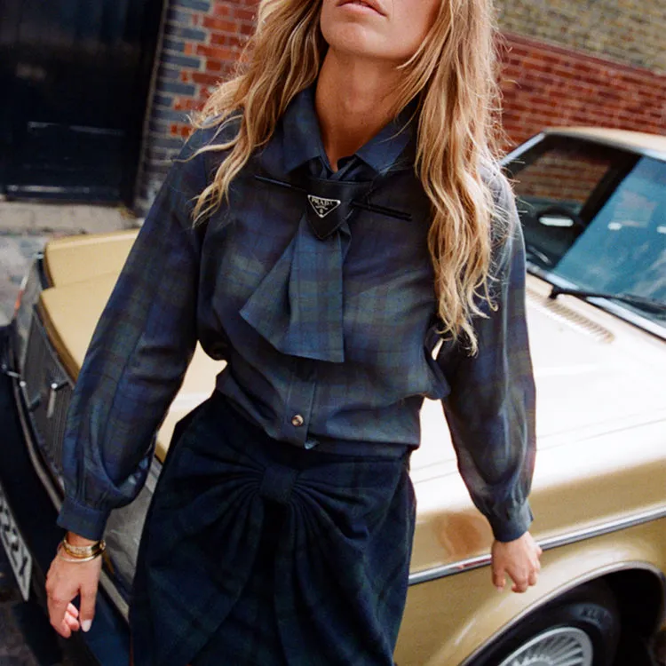 Blue Tartan Shirt with Bow Cozy And Warm Beach Wear