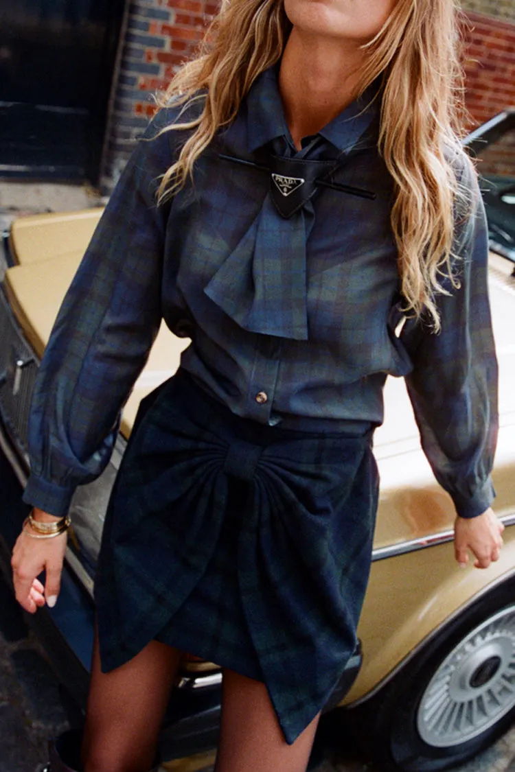 Blue Tartan Shirt with Bow Classic Color