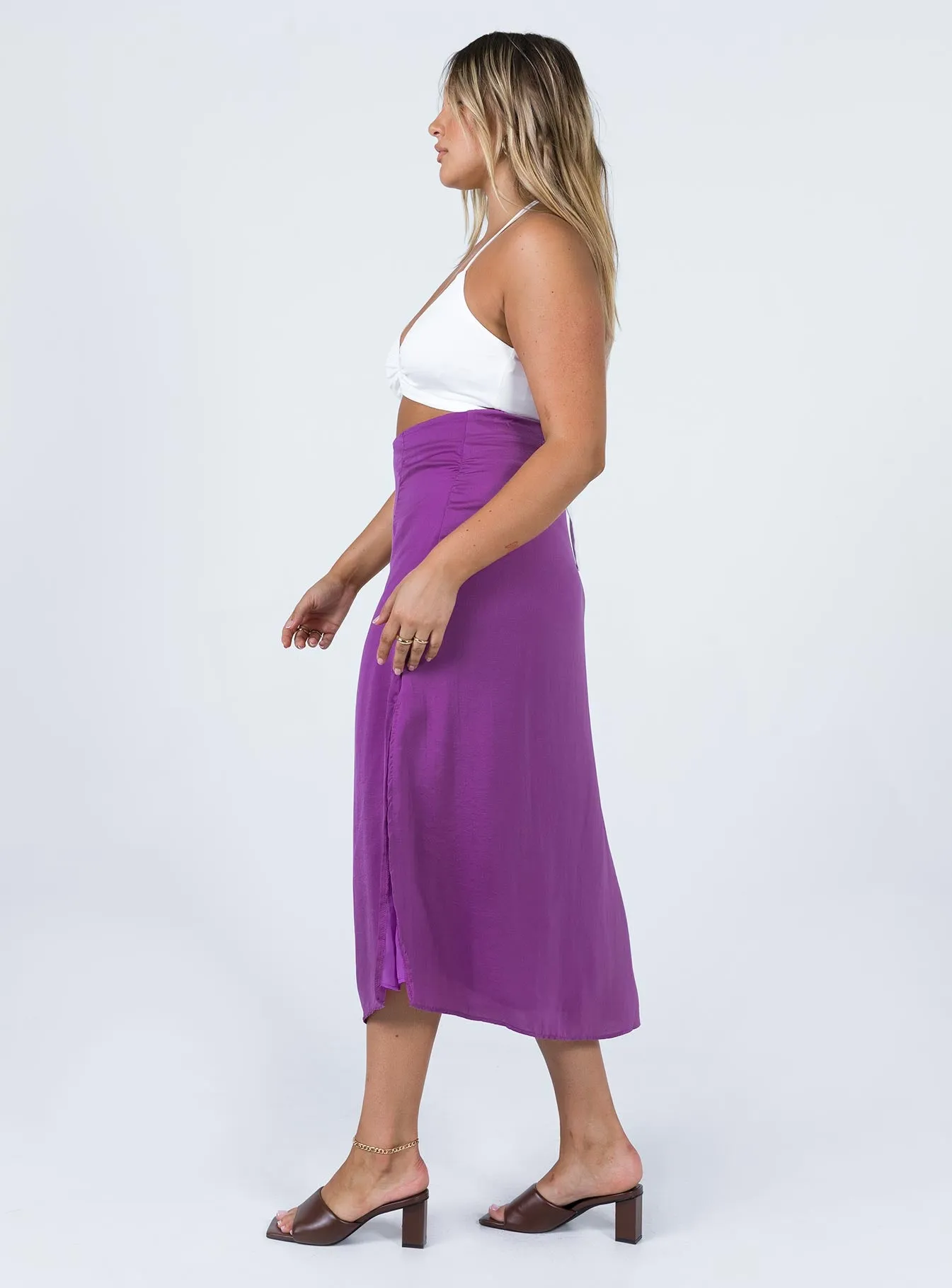 Dezi Satin Midi Skirt Purple High Street Fashion