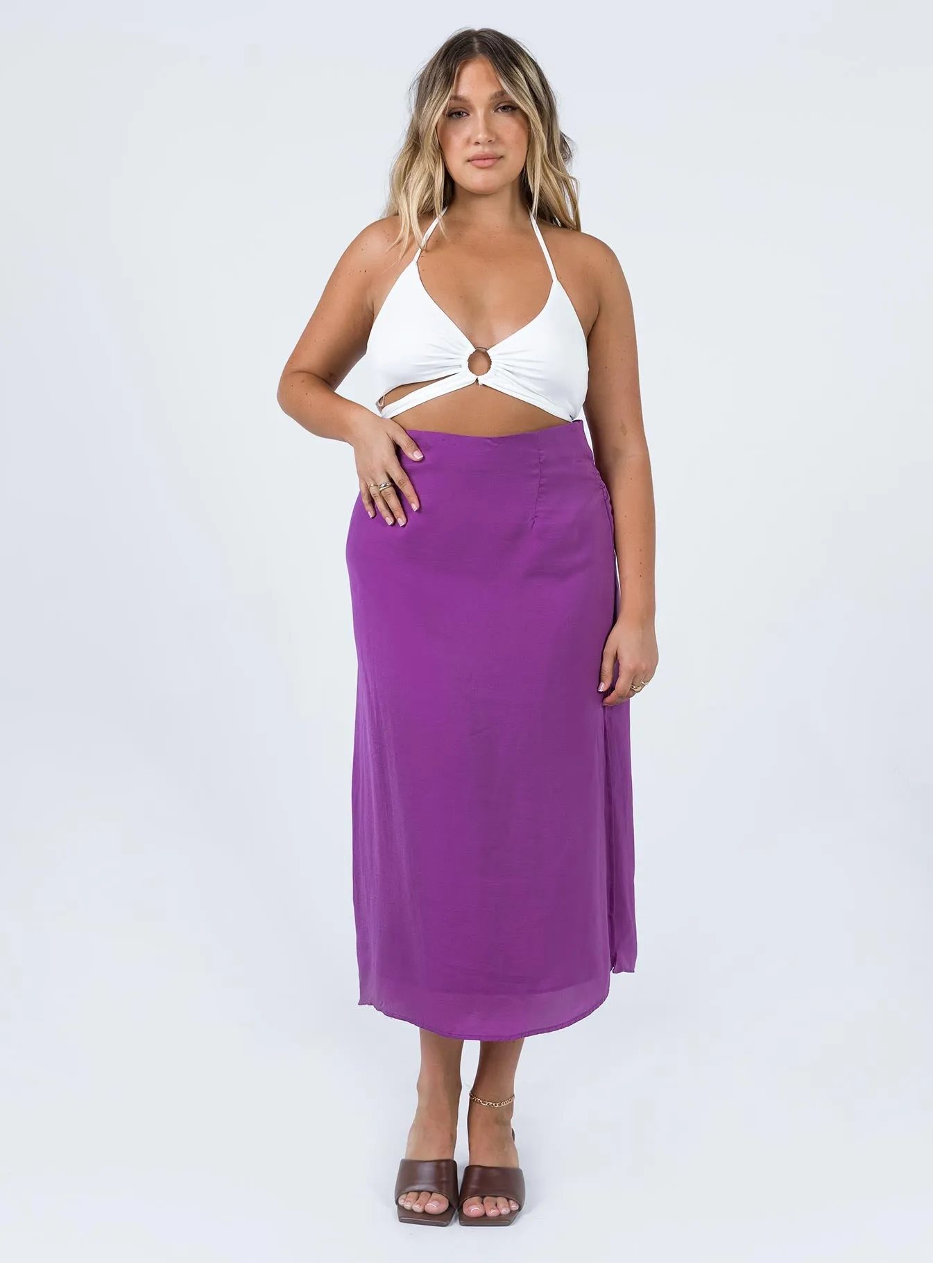 Crisp Look Dezi Satin Midi Skirt Purple