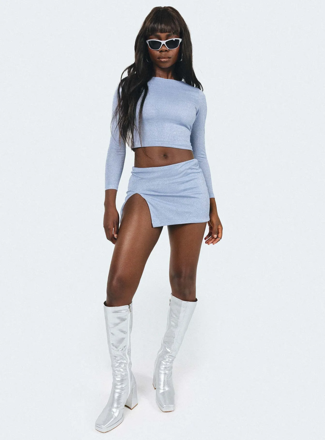 Flat Lay Collar Bold Move Mini Skirt Blue Glitter