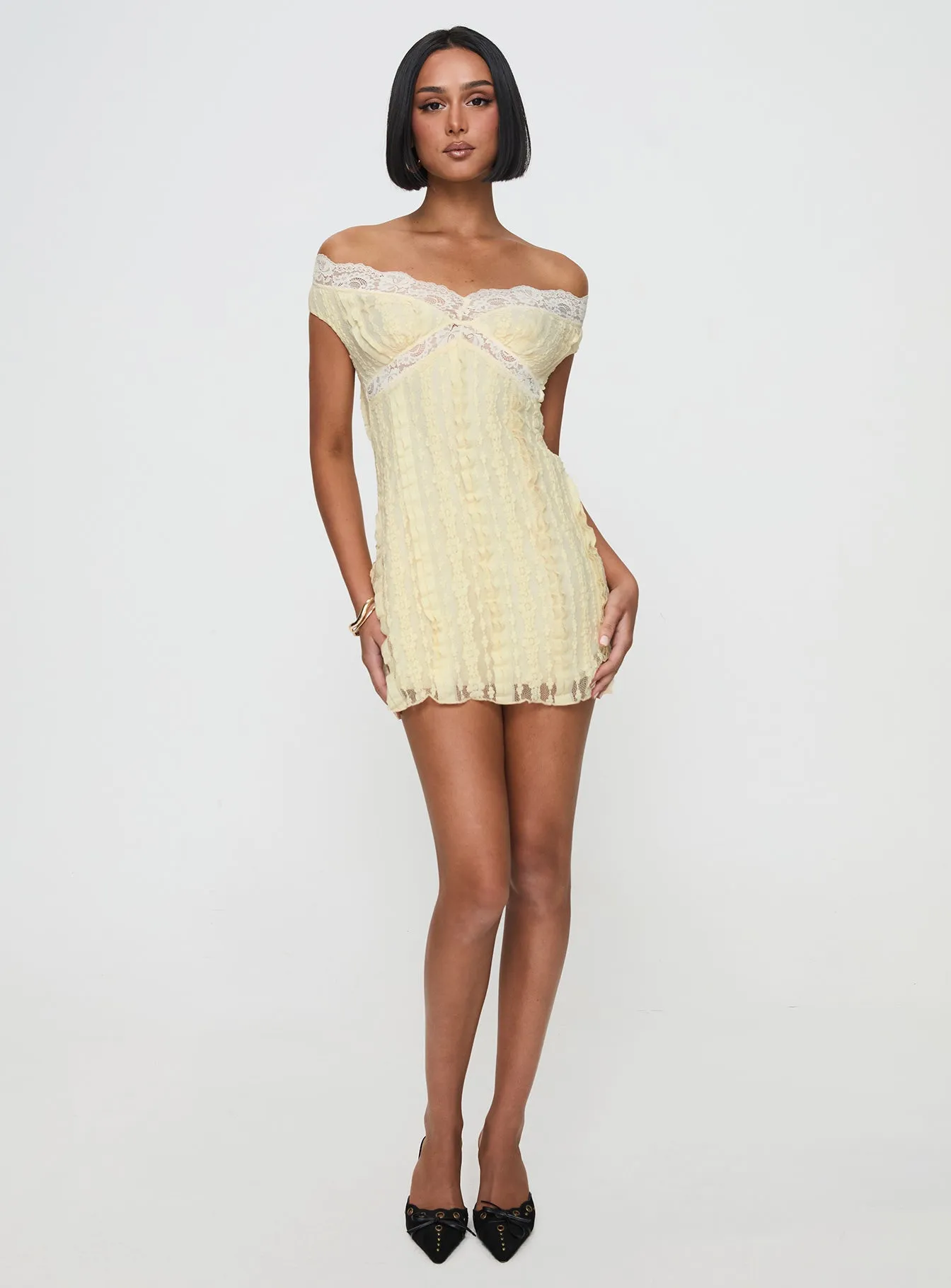 Beachwear Shade Glow Bonnin Off The Shoulder Lace Mini Dress Yellow