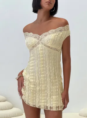 Bonnin Off The Shoulder Lace Mini Dress Yellow Minimalist Layering Cozy Silhouette
