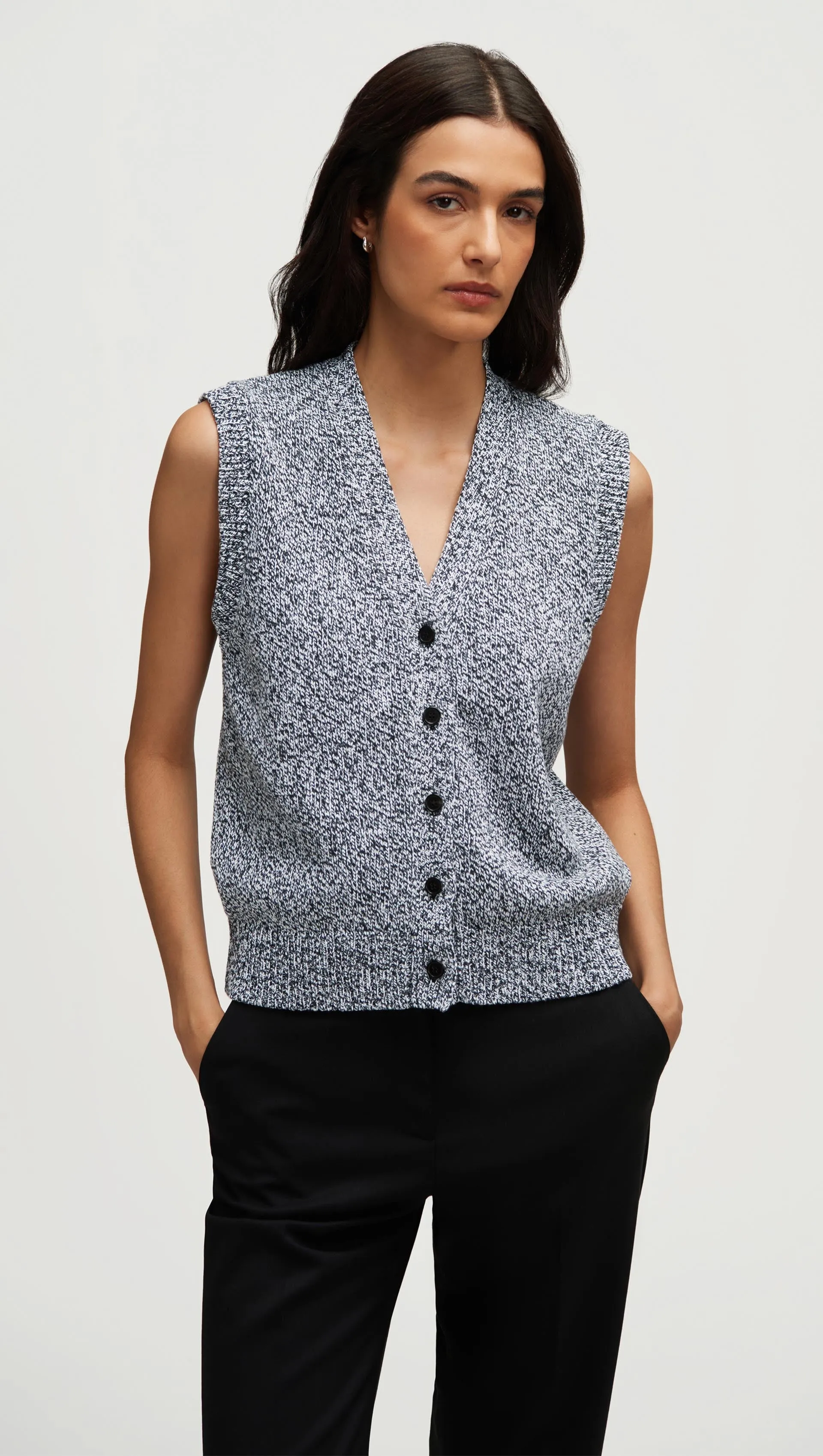 Knit Button Vest in Cotton | Black Multi Morning Wear