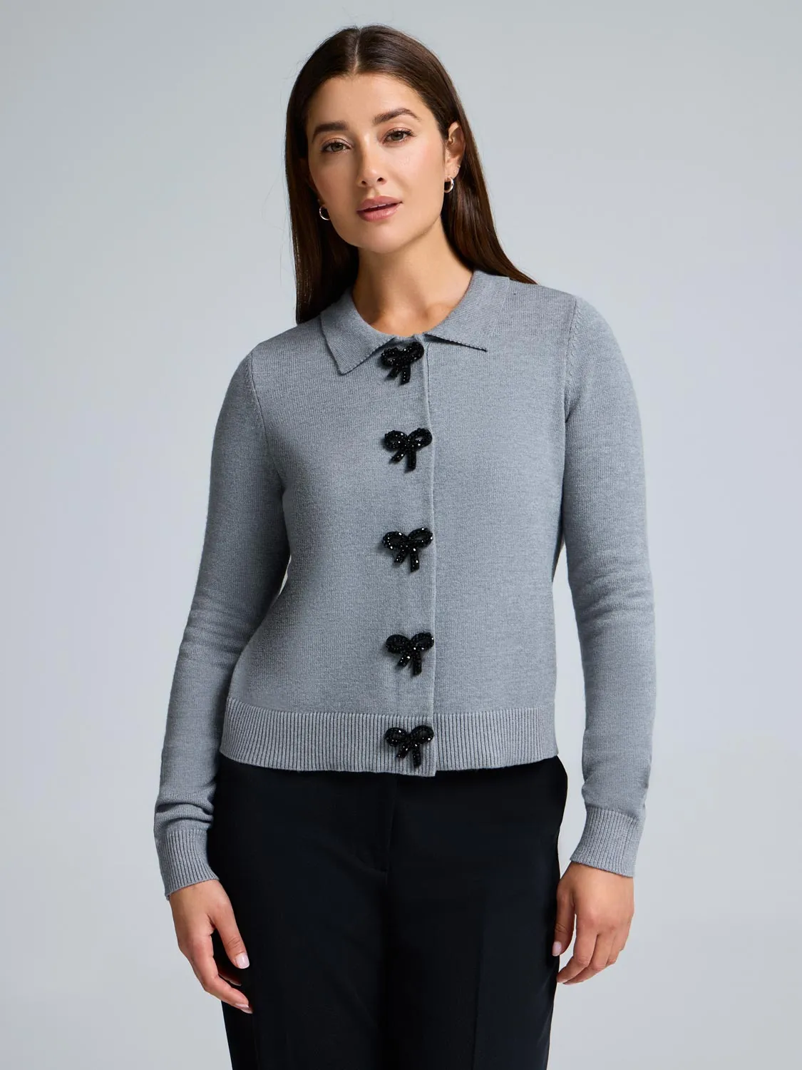 Bow-Button Collared Cardigan HeatTrapping Fibers Tagless Design