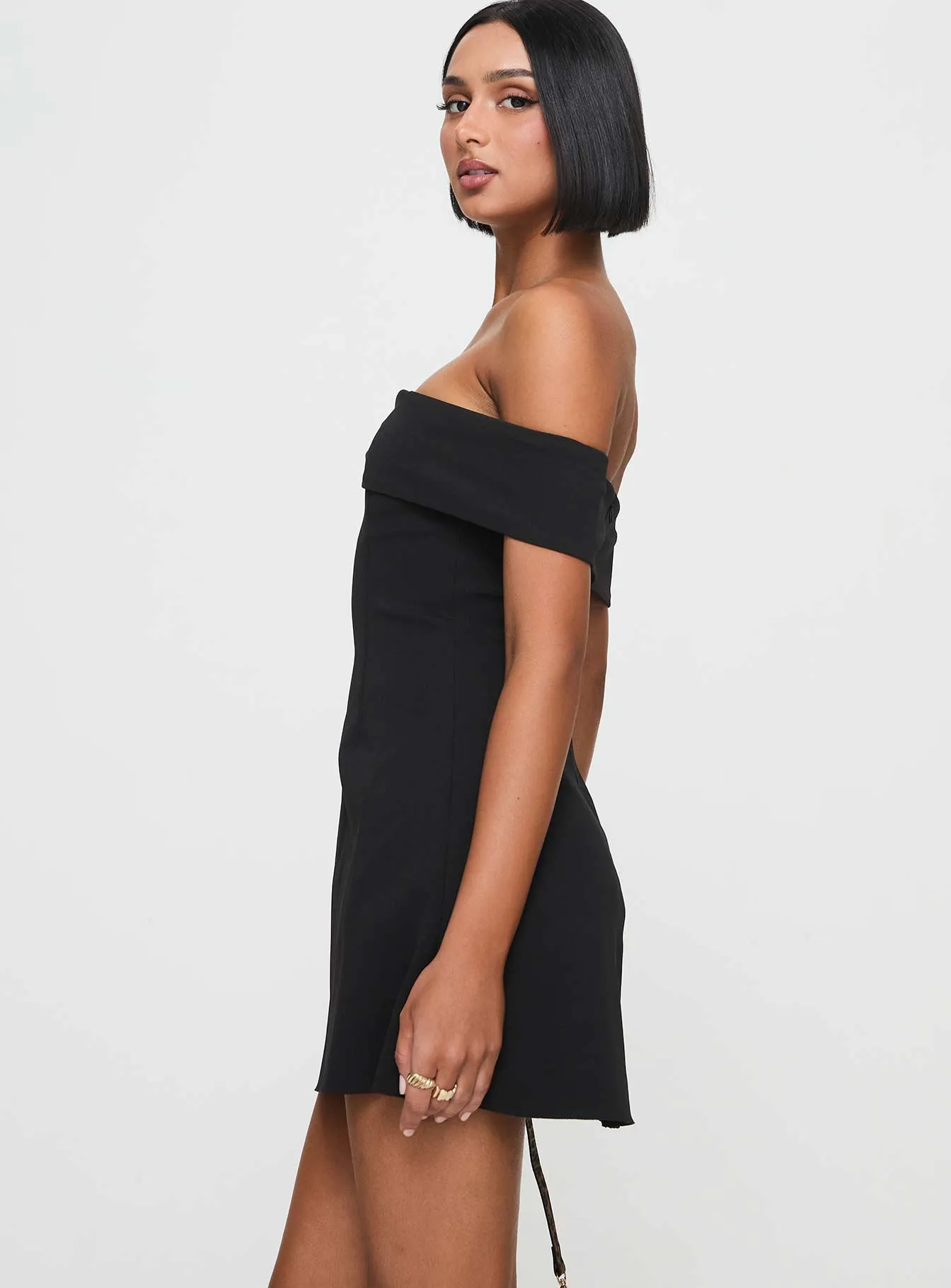 Subtle Glam Smooth Feel Lanes Off The Shoulder Mini Dress Black
