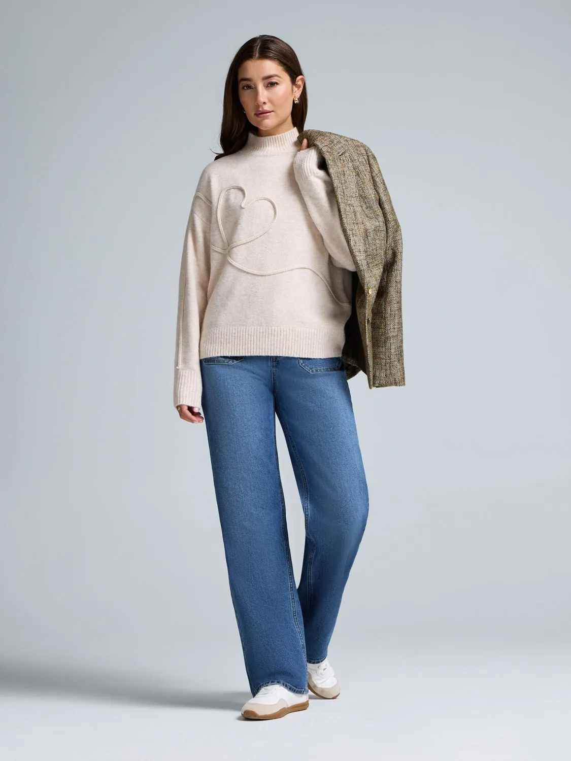 Braided Heart Mock Neck Sweater Light Reflective Trims