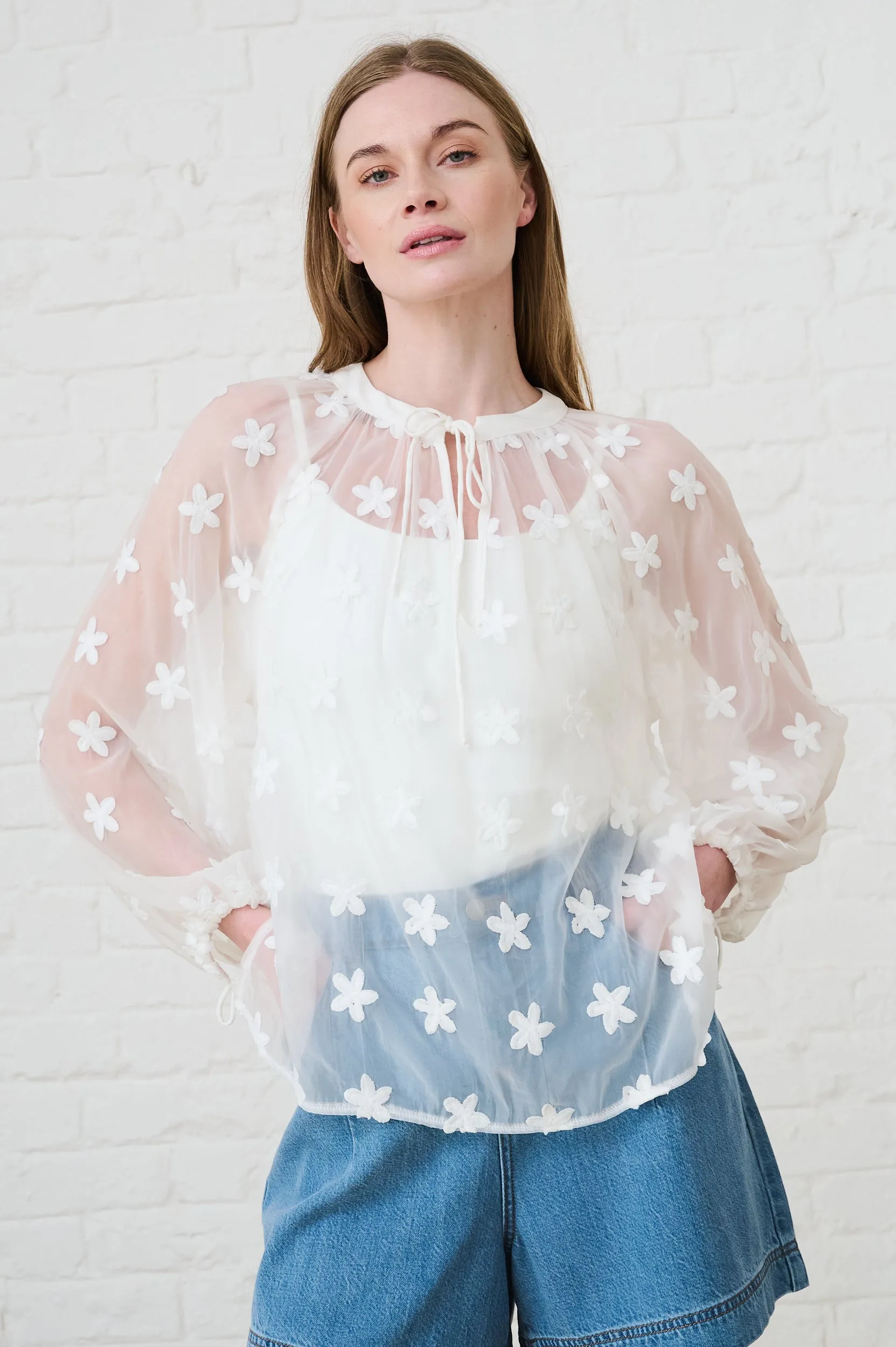 Peasant Blouse in Milk with Embroidered Flowers Dimensional Stability Weave