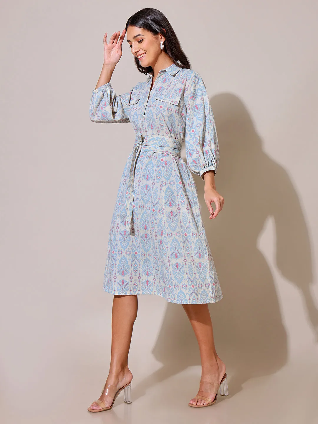 Kaleidoscope Oversized Light Blue Tie Up Dress Floral Swing Cozy Base