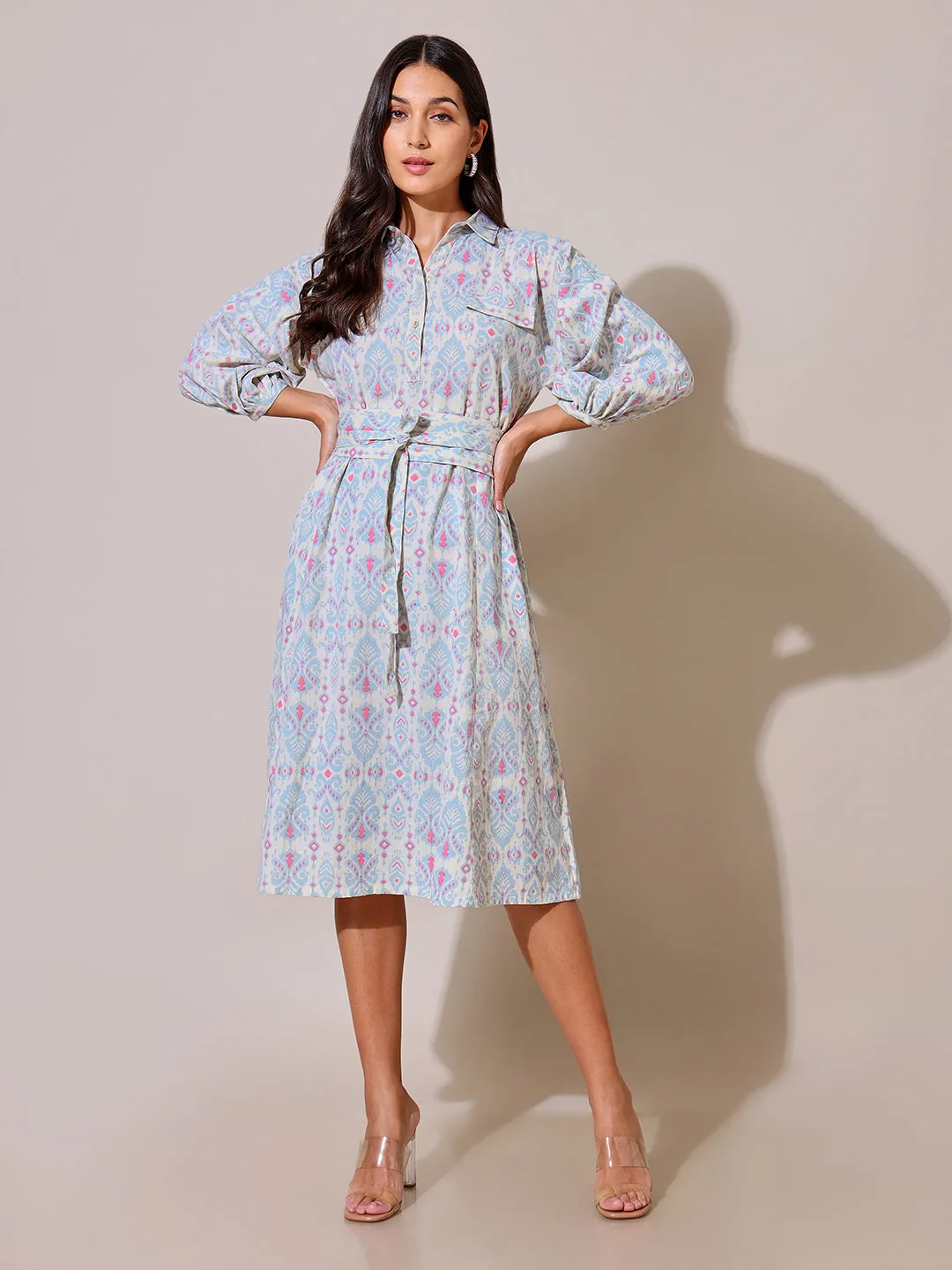 soft elegance Office Casual Kaleidoscope Oversized Light Blue Tie Up Dress