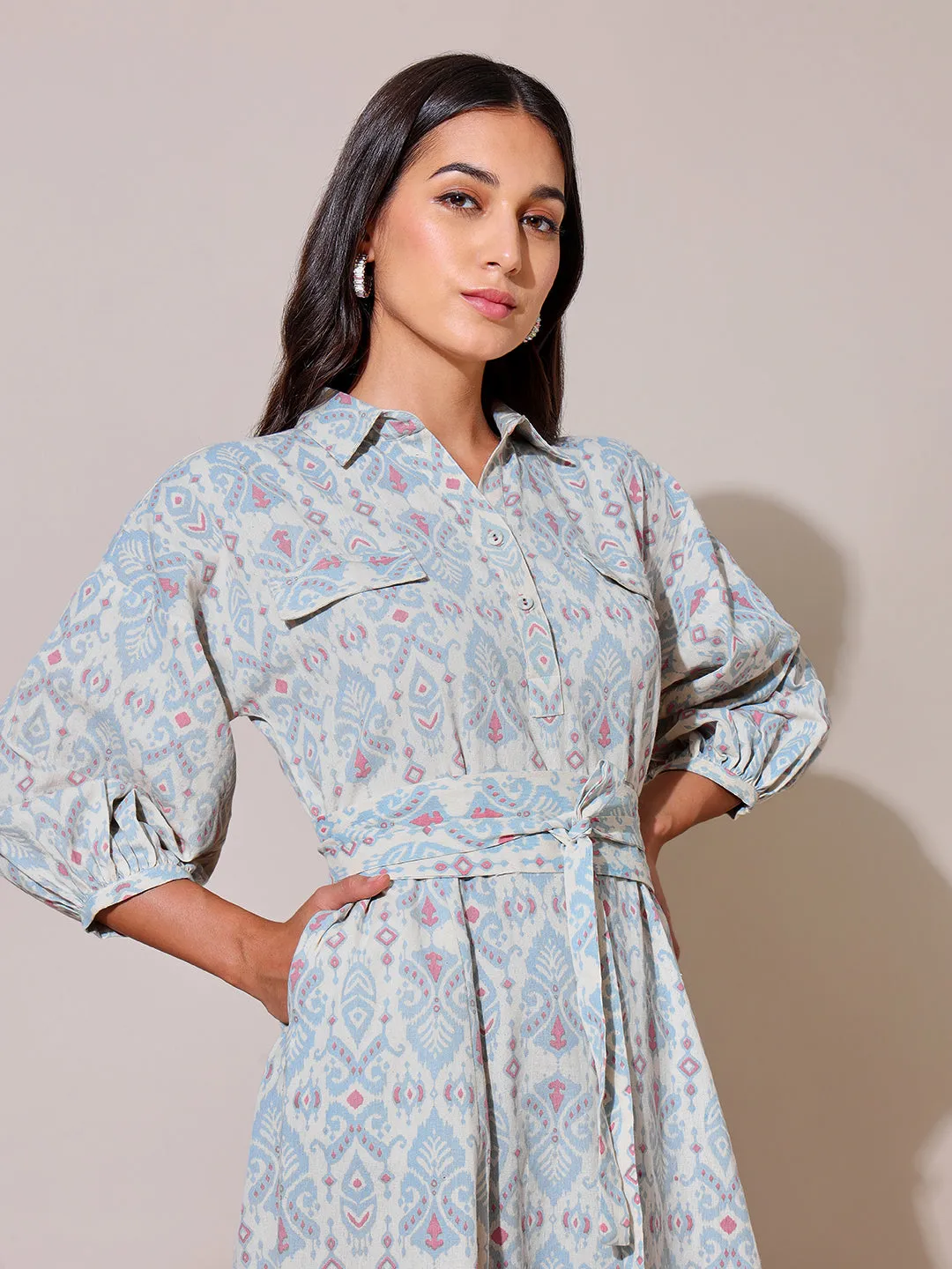 Kaleidoscope Oversized Light Blue Tie Up Dress Cozy Tones