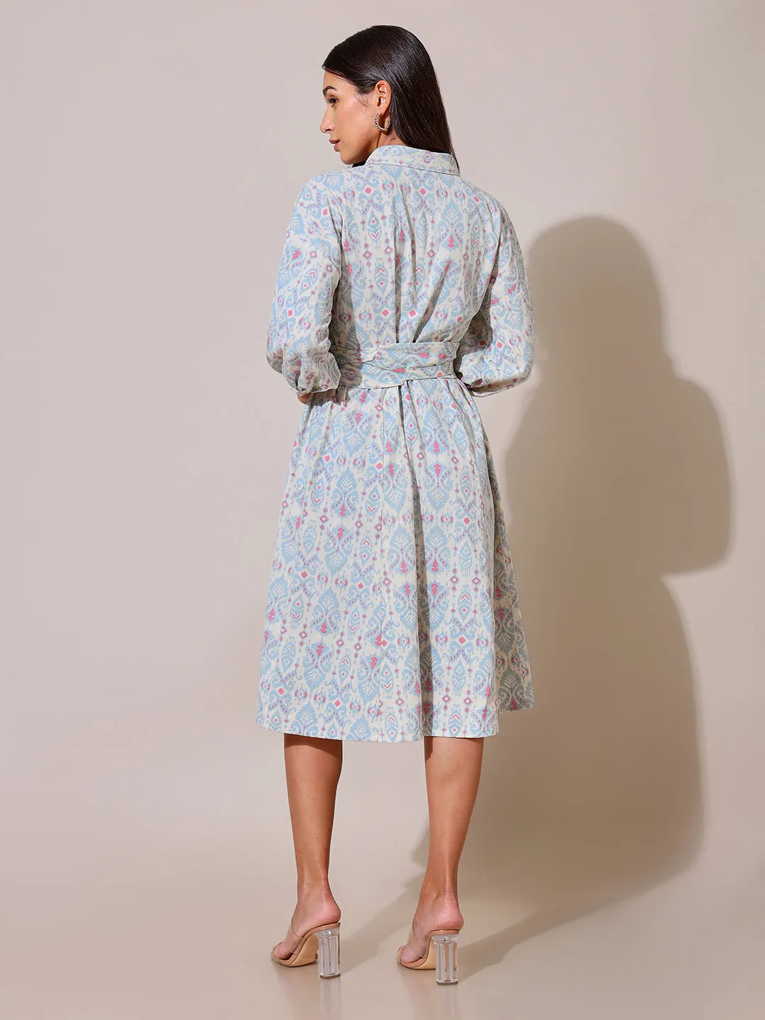 Feminine Look Modern Silhouette Kaleidoscope Oversized Light Blue Tie Up Dress