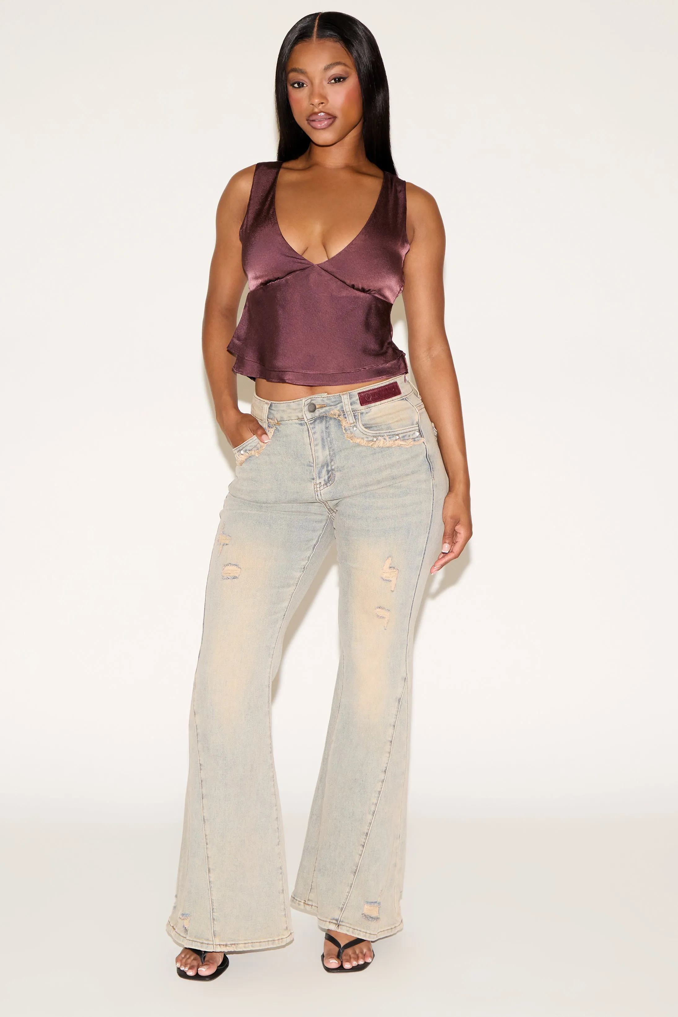 TIE BACK EMPIRE WAIST SATINY SLEEVELESS TOP Simple Comfort Casual Must-Have