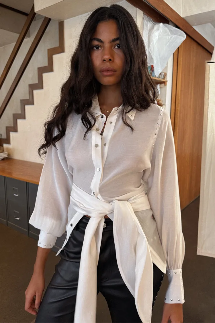 Light Comfort Style White Studded Tie Back Shirt