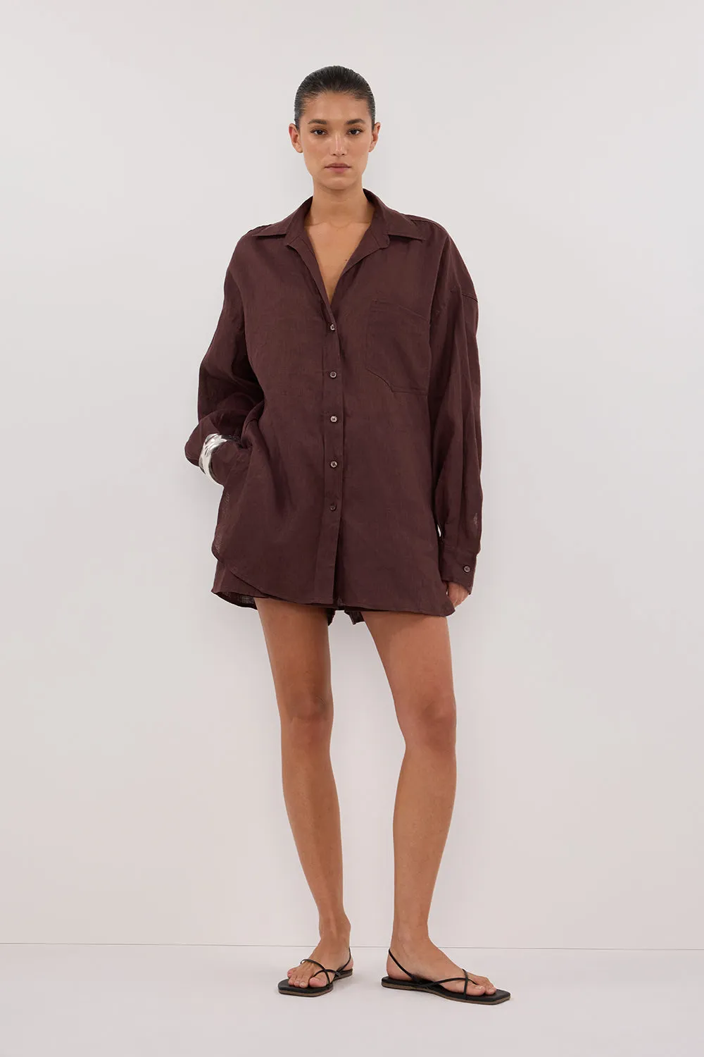 LUNE WALNUT OVERSIZED LINEN SHIRT Casual Day Wear Sublimation Printed Collar