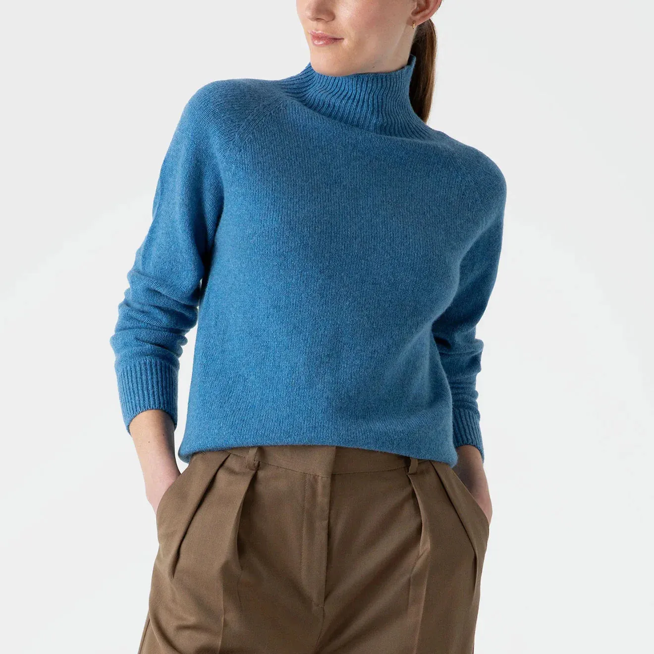 Sunspel Womens Lambswool Funnel Neck Jumper Blue Jean Morning Wear Gentle Fabric