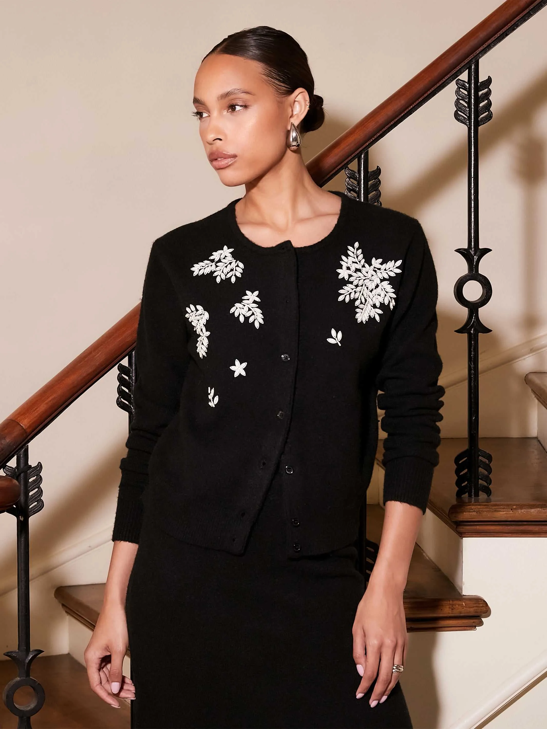 Simple Trend Breathable Merino Wool Bree Embellished Cardigan