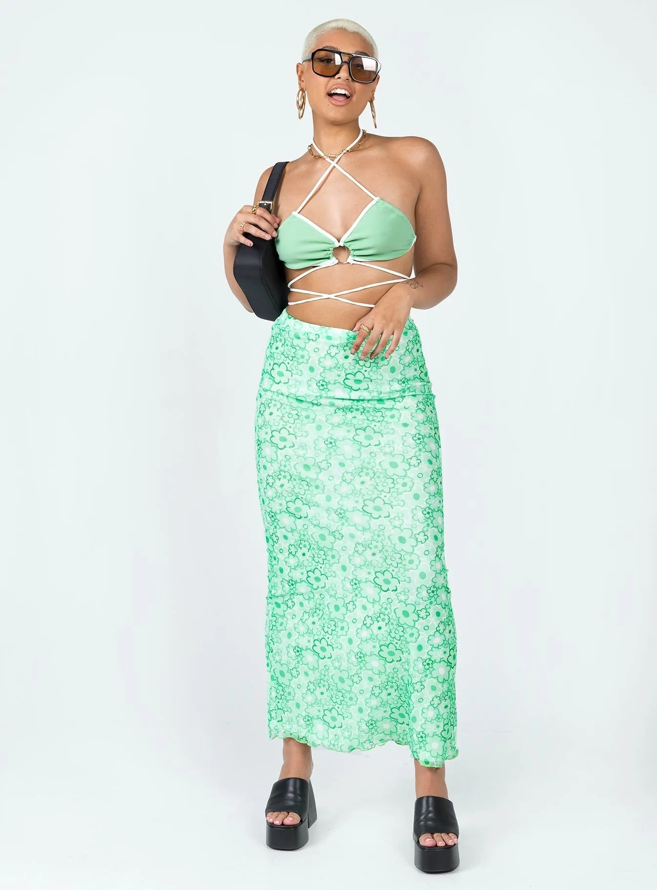 Satin feel Breezy Look Caspian Midi Skirt Green