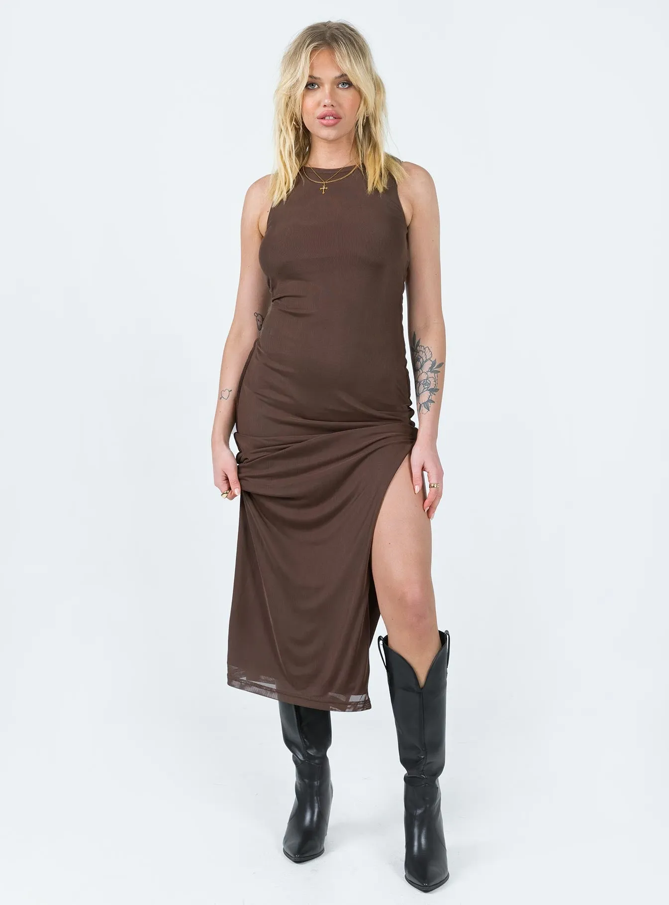 MultiPurposePockets Brenly Mesh Maxi Dress Brown