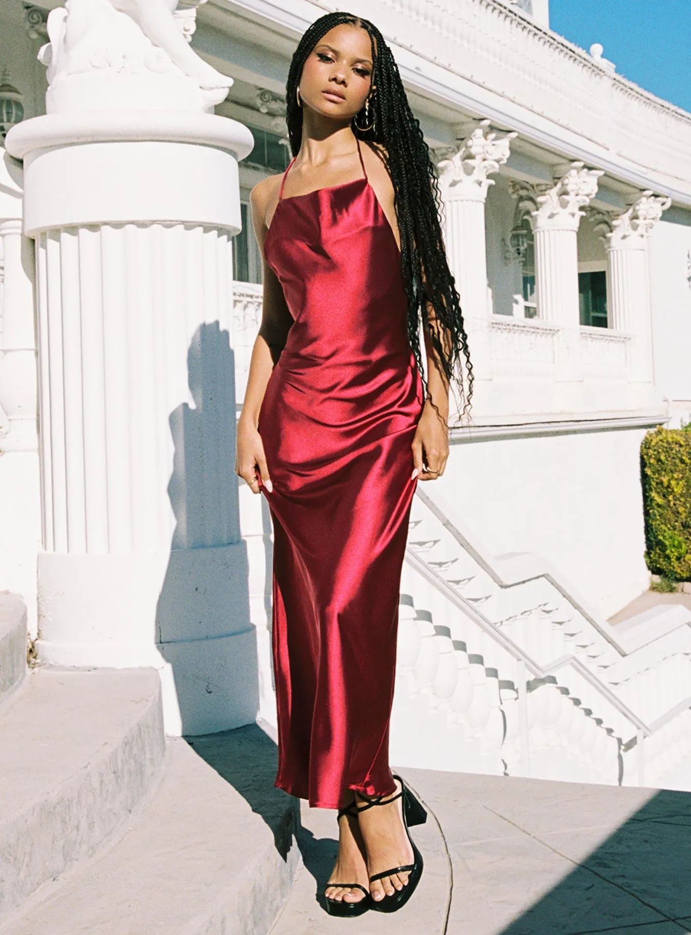 Adjustable-Length Broughton Halter Maxi Dress Burgundy