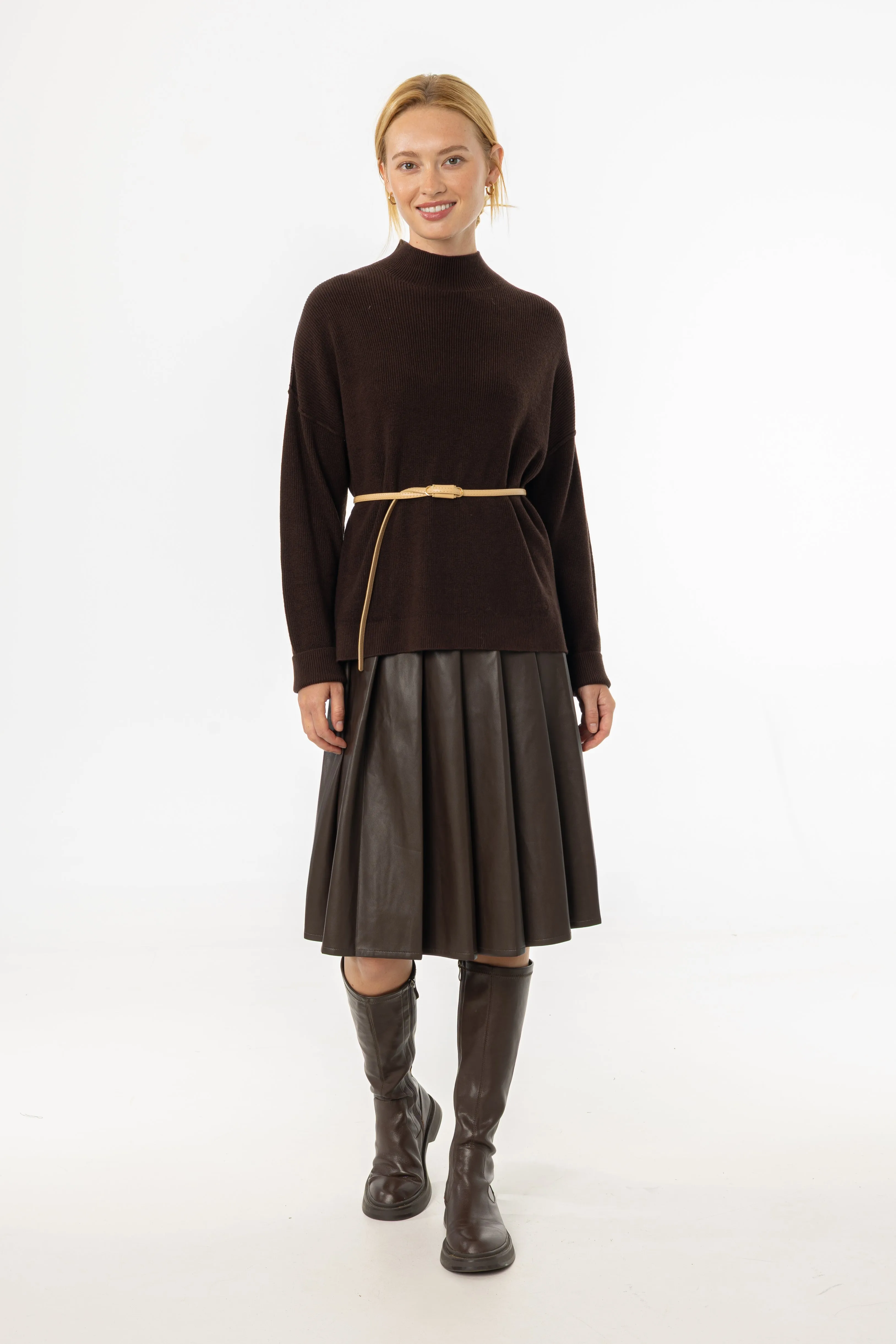 Brown Pleated Vegan Leather Skirt Budget Friendly