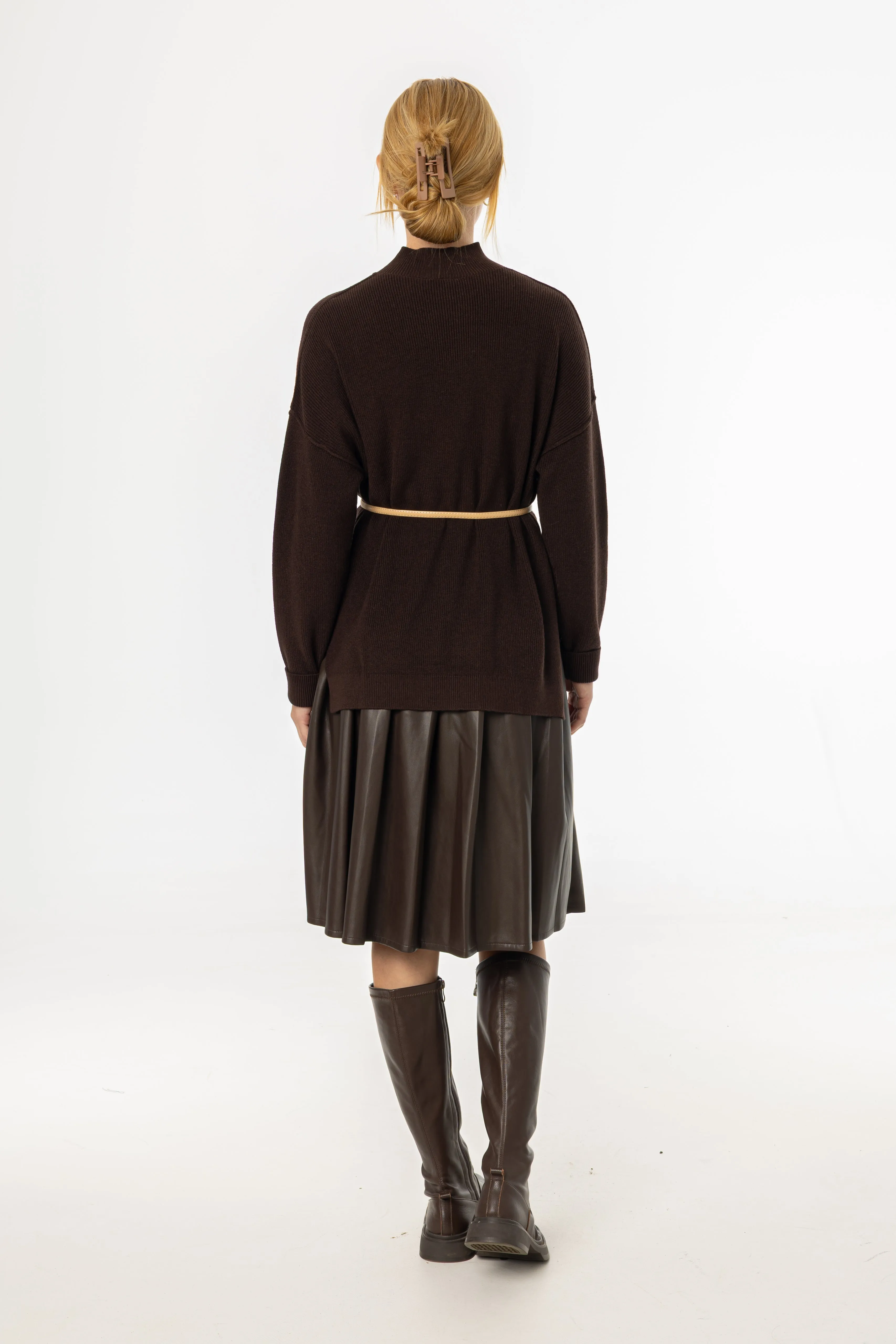 Cozy Edge Brown Pleated Vegan Leather Skirt