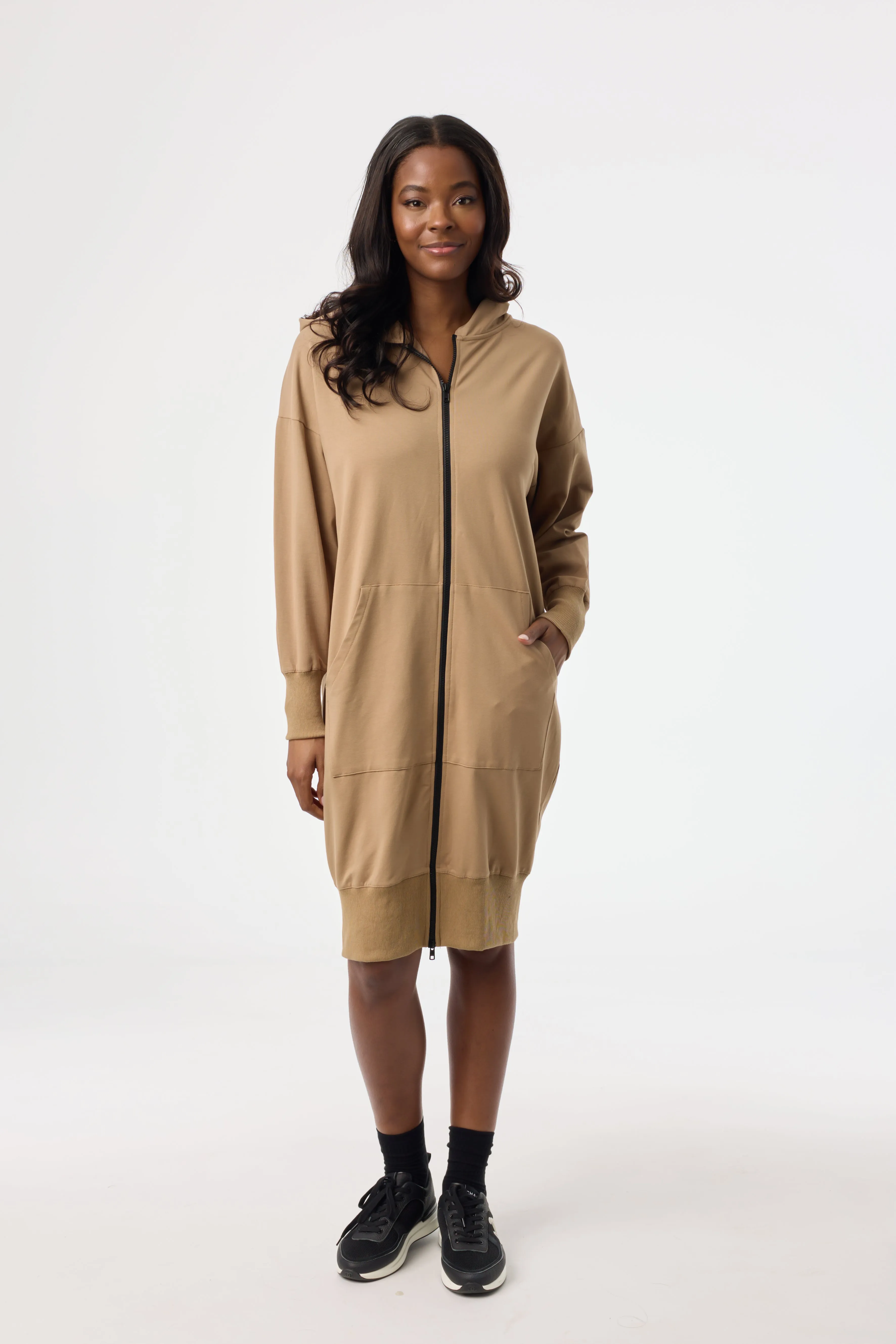 Brown Zipper Sweatshirt Dress Boat-Neck