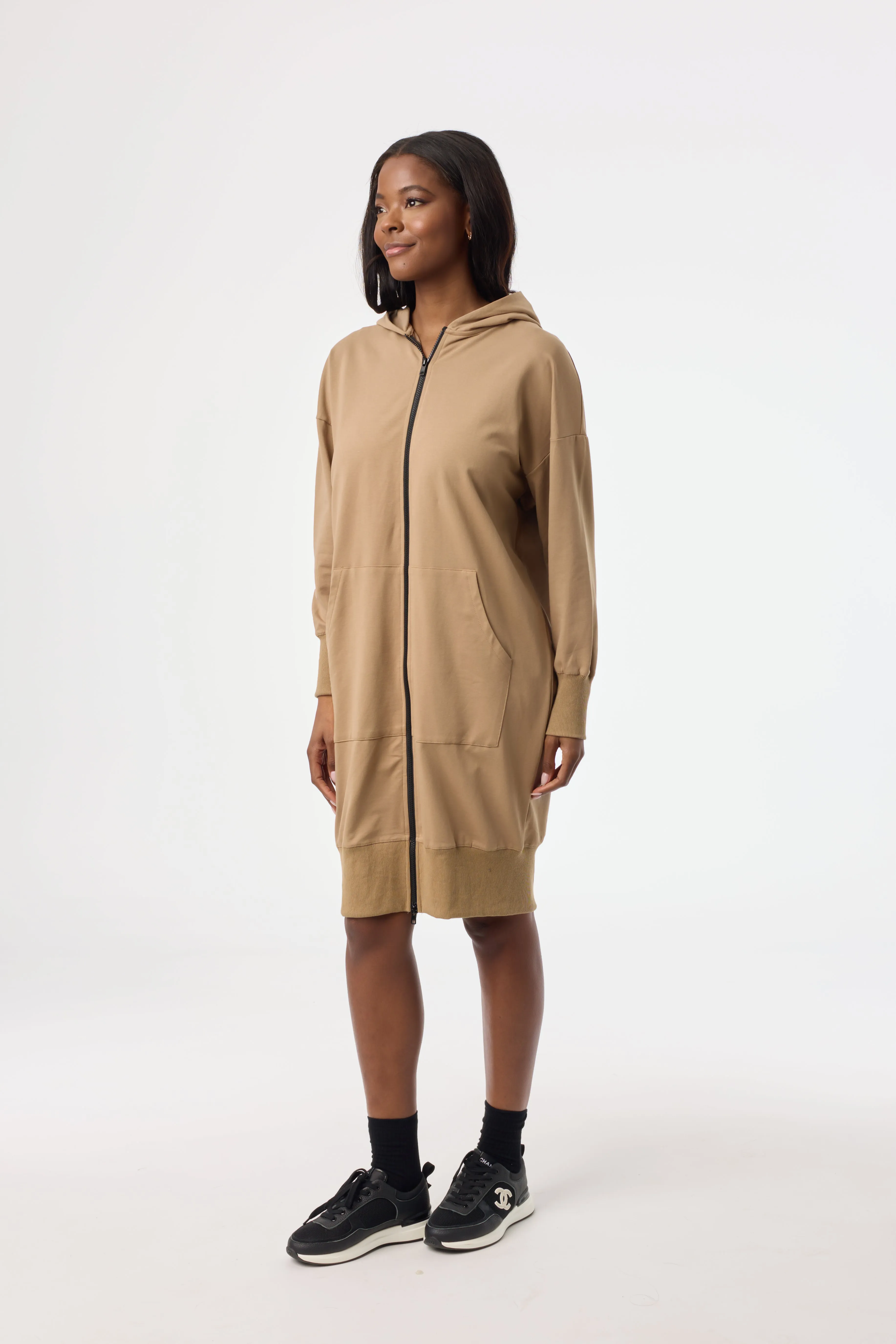 Breathable Design Fall Style Brown Zipper Sweatshirt Dress