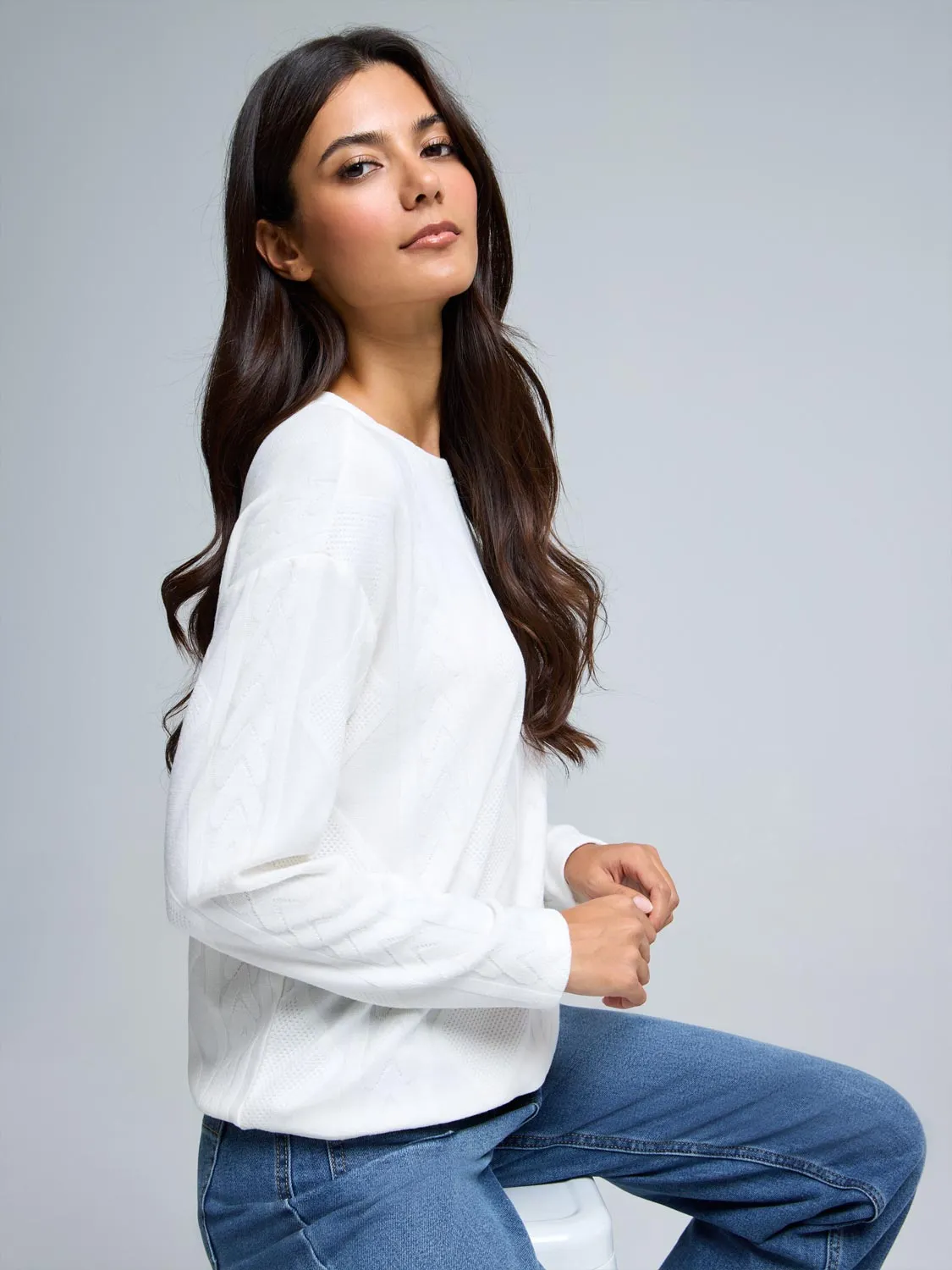 Stretch Recovery Fabric Cable Knit Jacquard Top