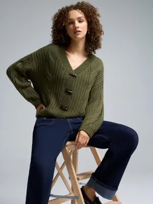 Ribbed Hem Detail Cable Knit Toggle Cardigan