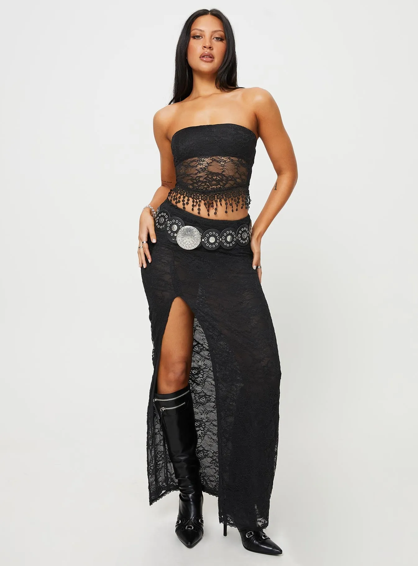Fold Over Detail Calathea Lace Maxi Skirt Black