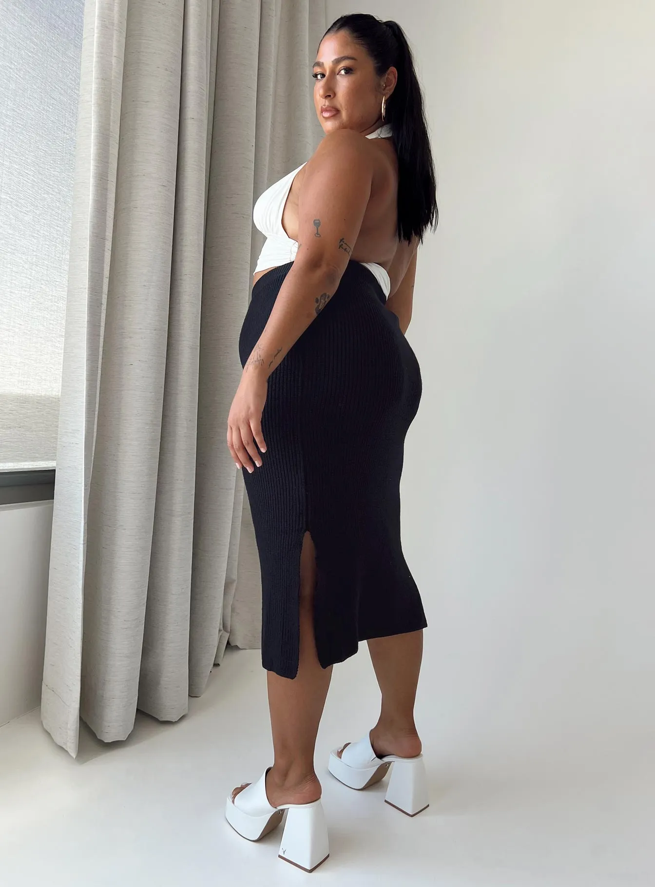 Zanna Midi Skirt Black Curve High Shine Spring Brunch