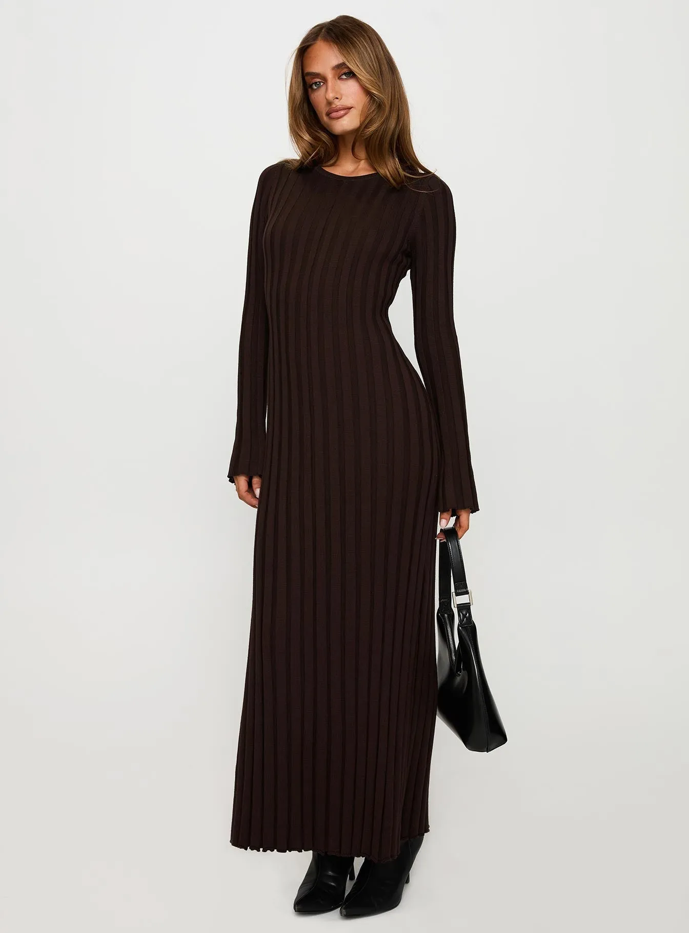 Vespa Long Sleeve Maxi Dress Brown Elastic-Waist