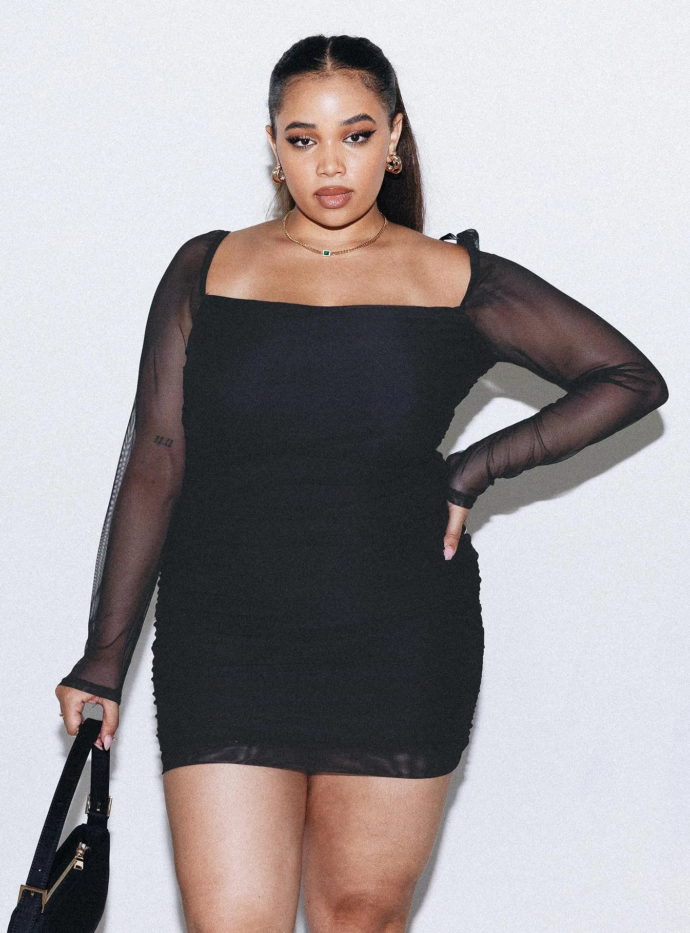 Romantic Soft Charvi Long Sleeve Mini Dress Black Curve