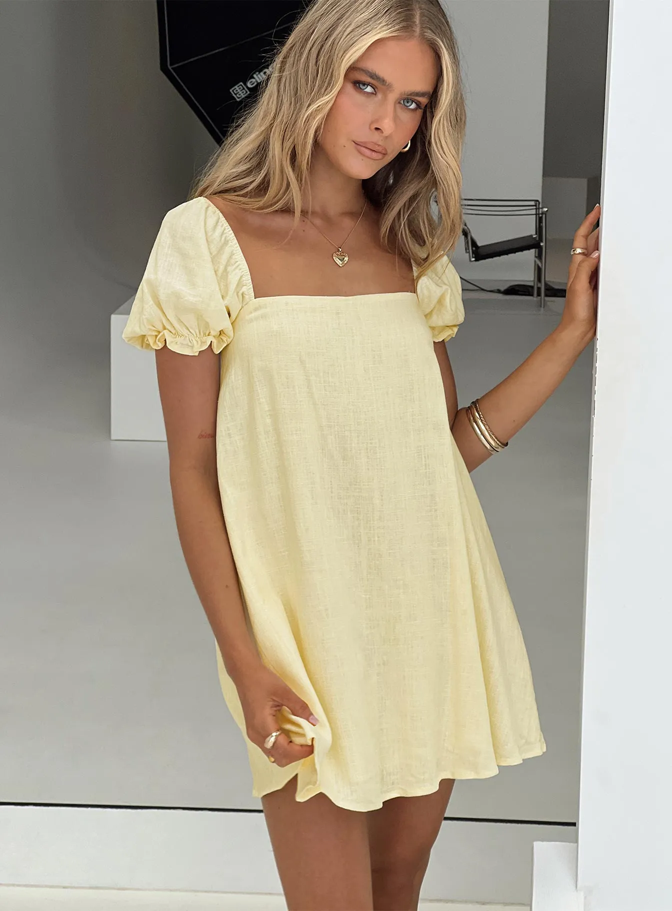 Beyond Linen Blend Mini Dress Yellow Sheer Panel Soft Material