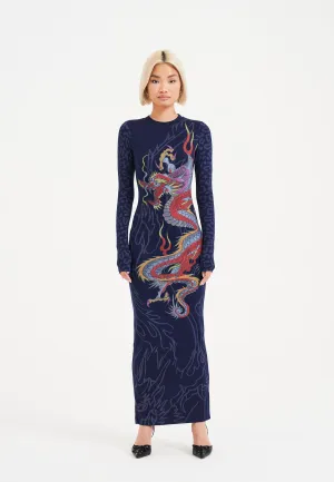 Trend Fit Tailored Elegance Womens Dragon Flame Long Sleeve Dress - Mood Indigo