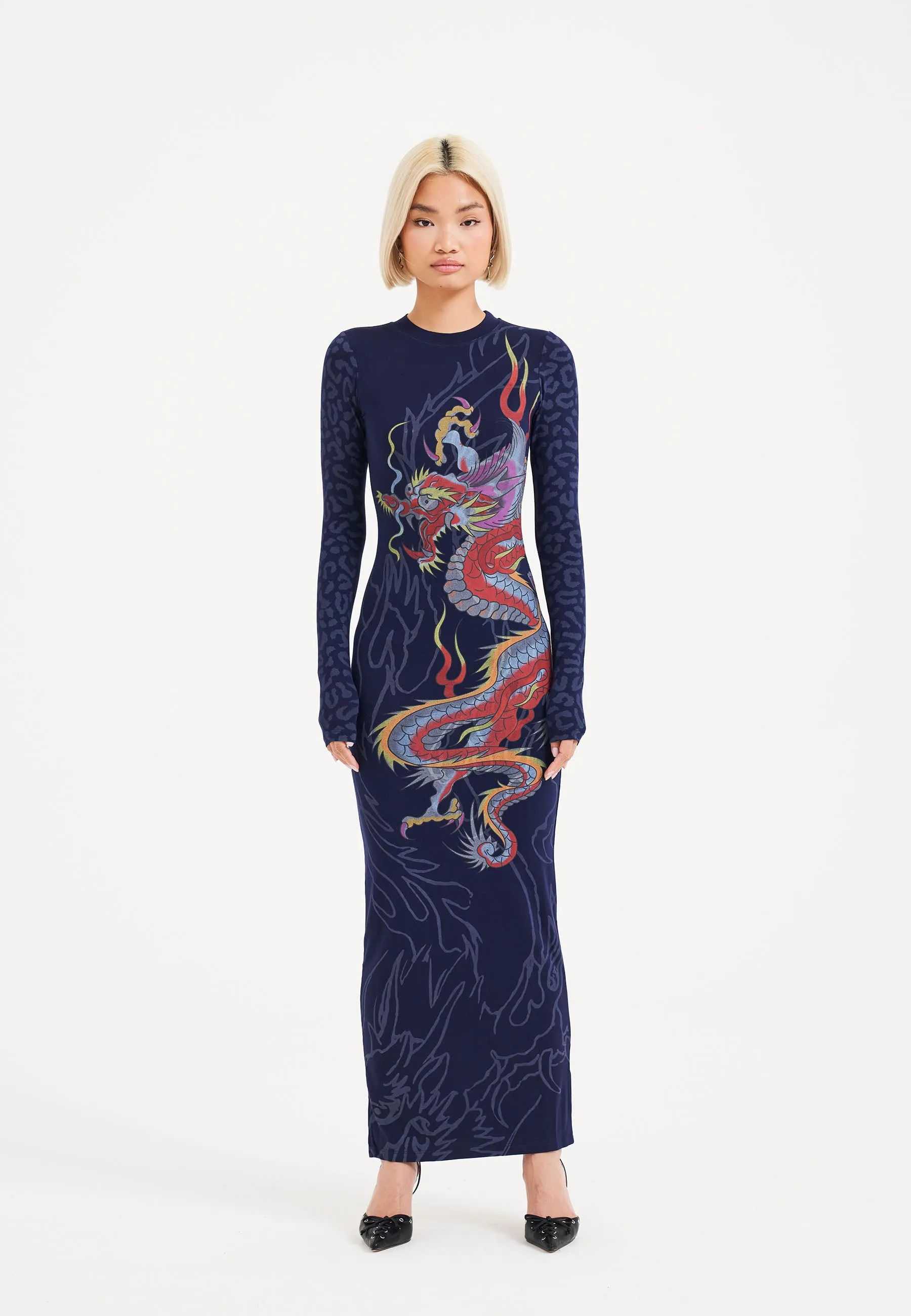 Wool-Blend Sheer Panel Womens Dragon Flame Long Sleeve Dress - Mood Indigo
