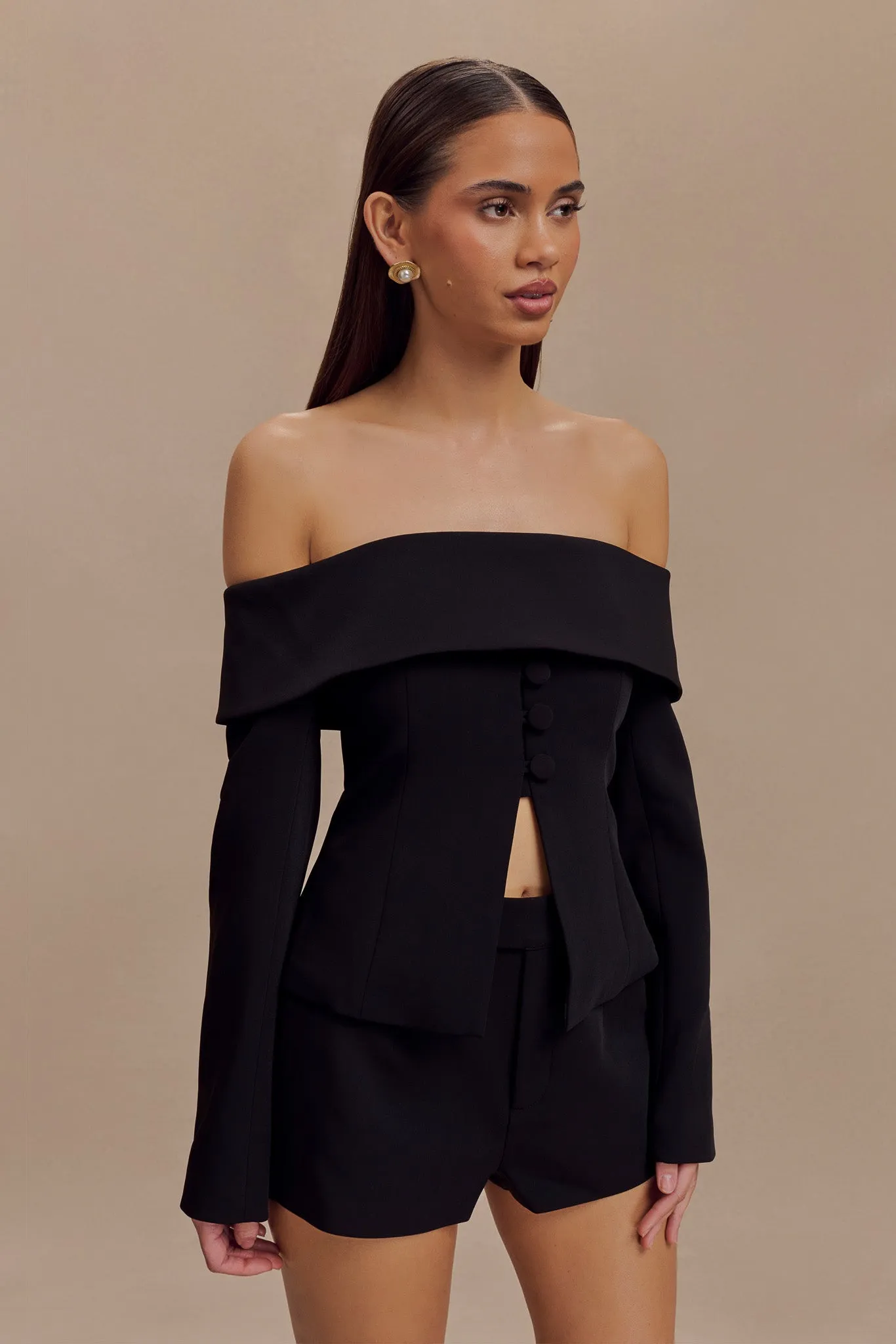 Celene Off Shoulder Jacket - Black Designer Inspired