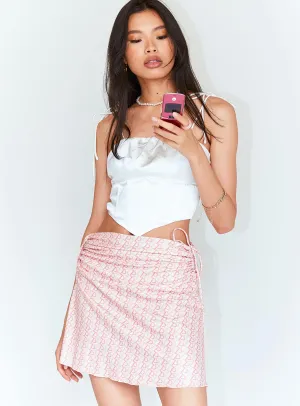 Charlotte Ruched Mini Skirt Pink Luxury Trim Semi Sheer