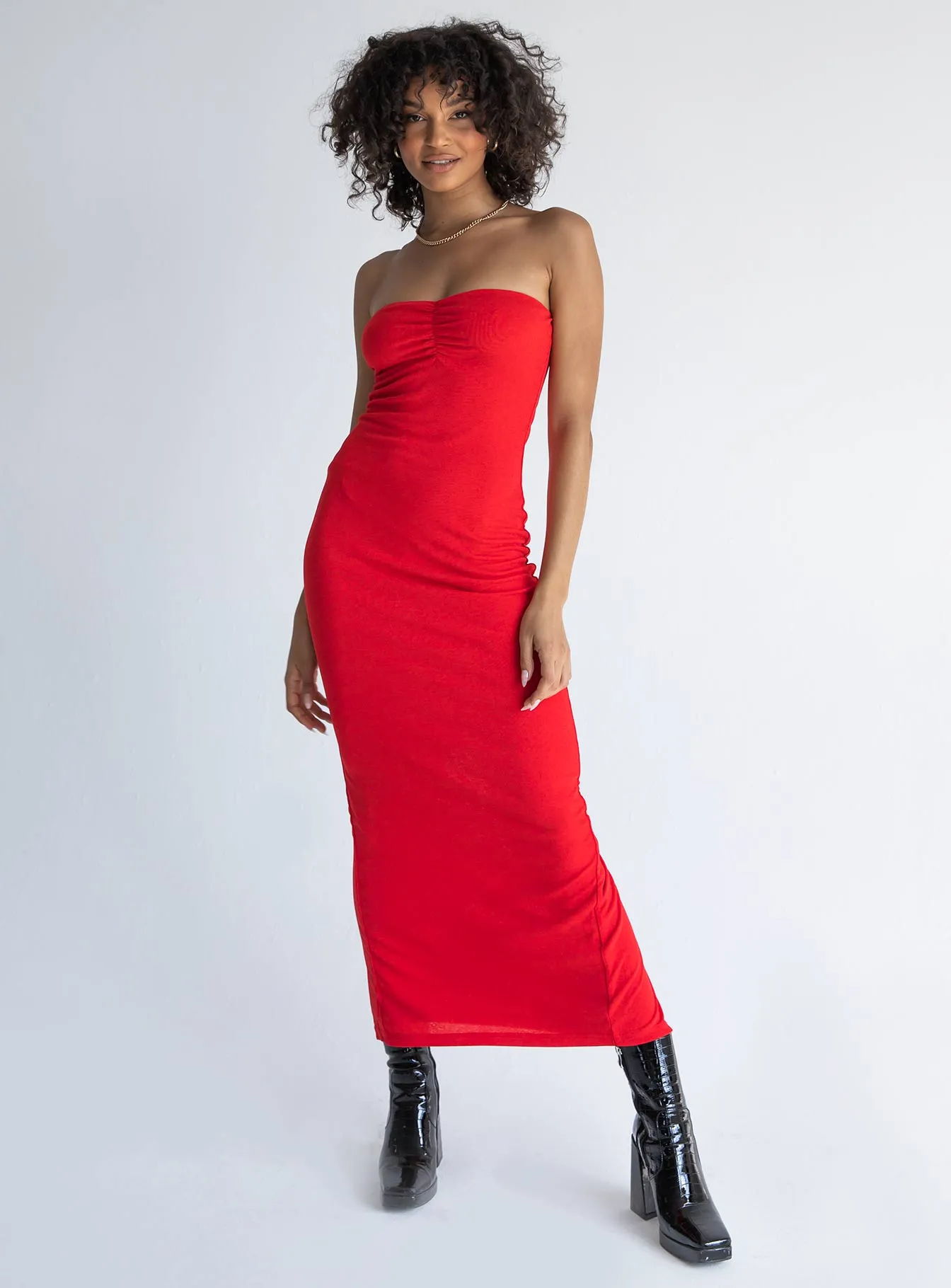 Removable-Straps Charm Strapless Midi Dress Red