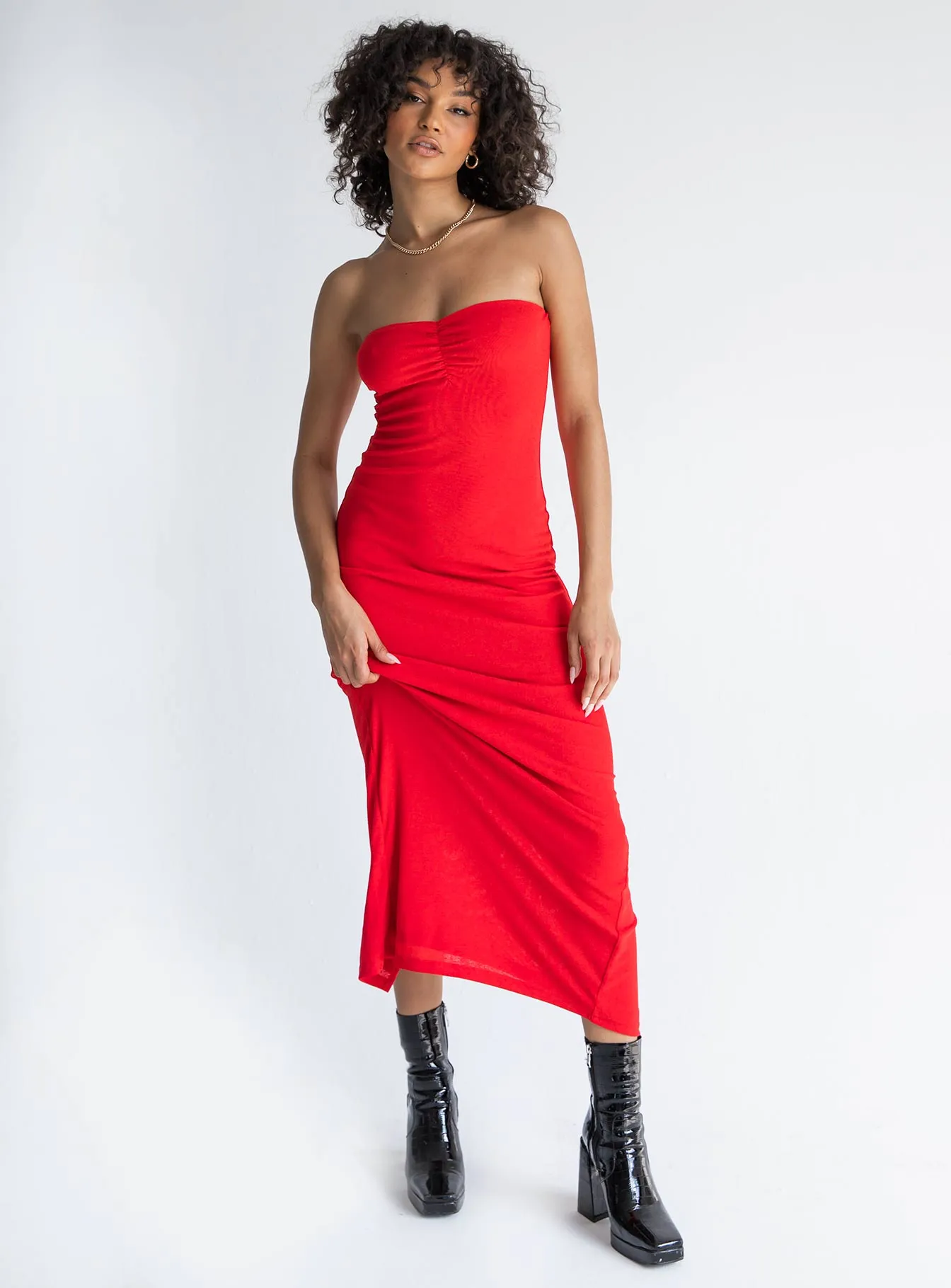 Texture Mood Charm Strapless Midi Dress Red