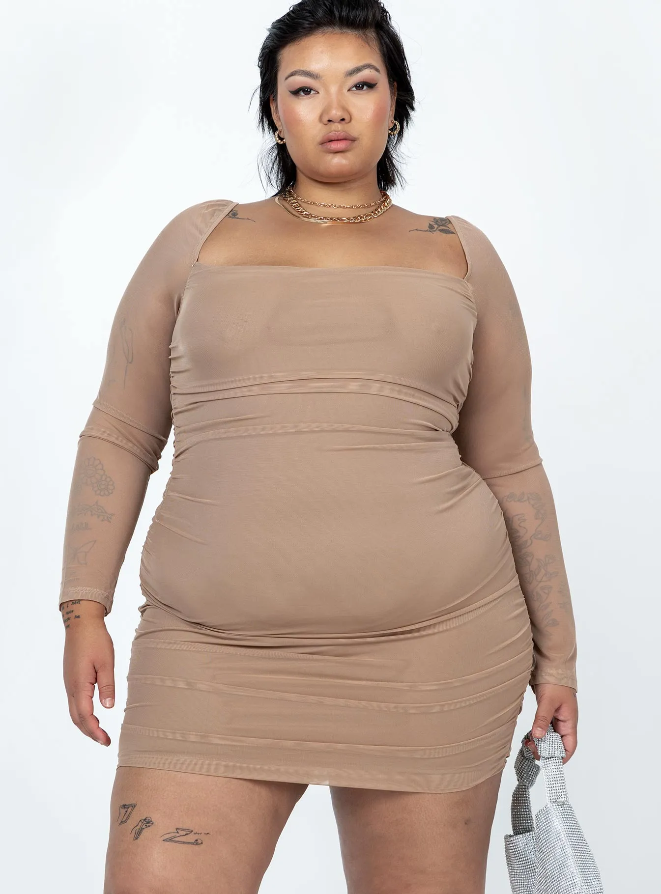 Everyday Layers Effortless Vibe Charvi Long Sleeve Mini Dress Tan Curve