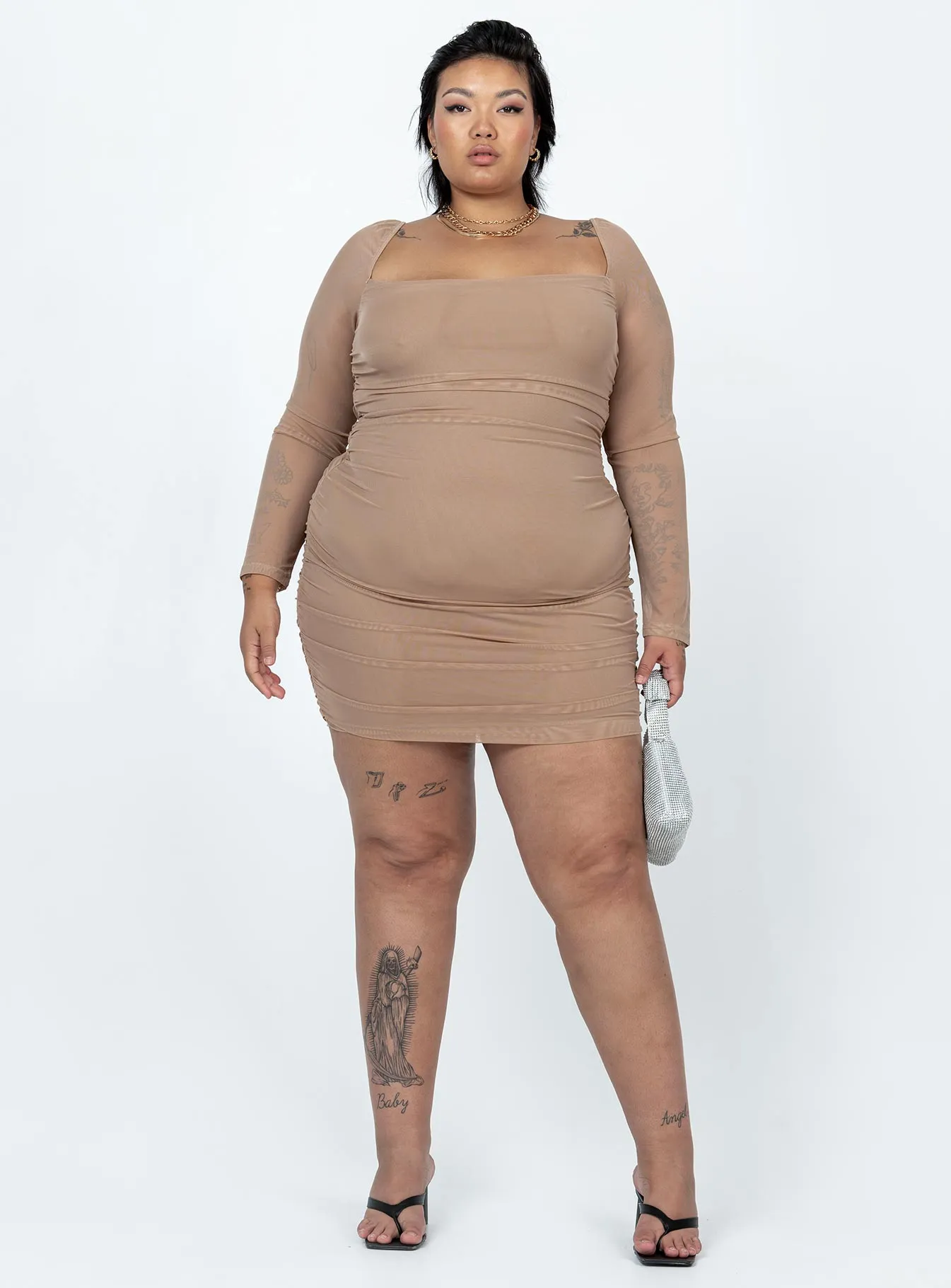 Charvi Long Sleeve Mini Dress Tan Curve Comfortable and breathable Contemporary Wear