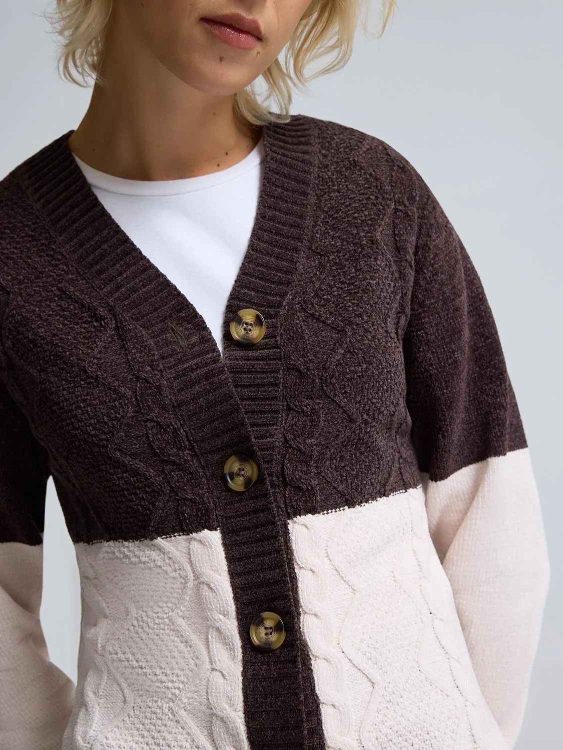 Breathable Material Rolled Cuffs Chenille Colour Block Long Cardigan