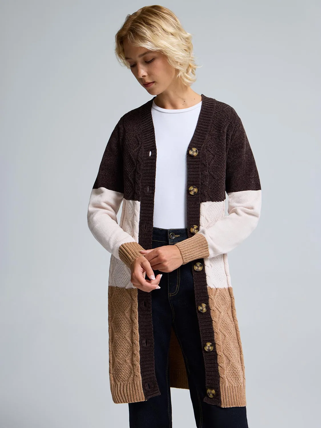 Chenille Colour Block Long Cardigan Cold Season