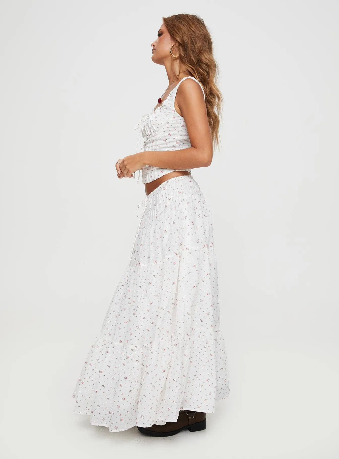 Cherry On Top Maxi Skirt White Floral Quiet Style Scalloped Edge