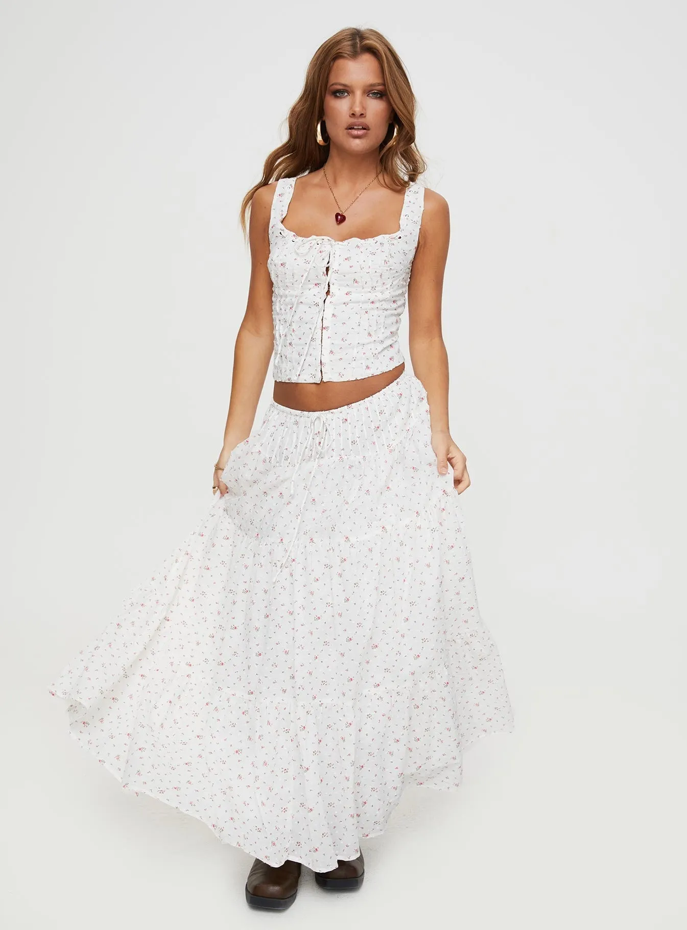 Comfort Innovation Cherry On Top Maxi Skirt White Floral