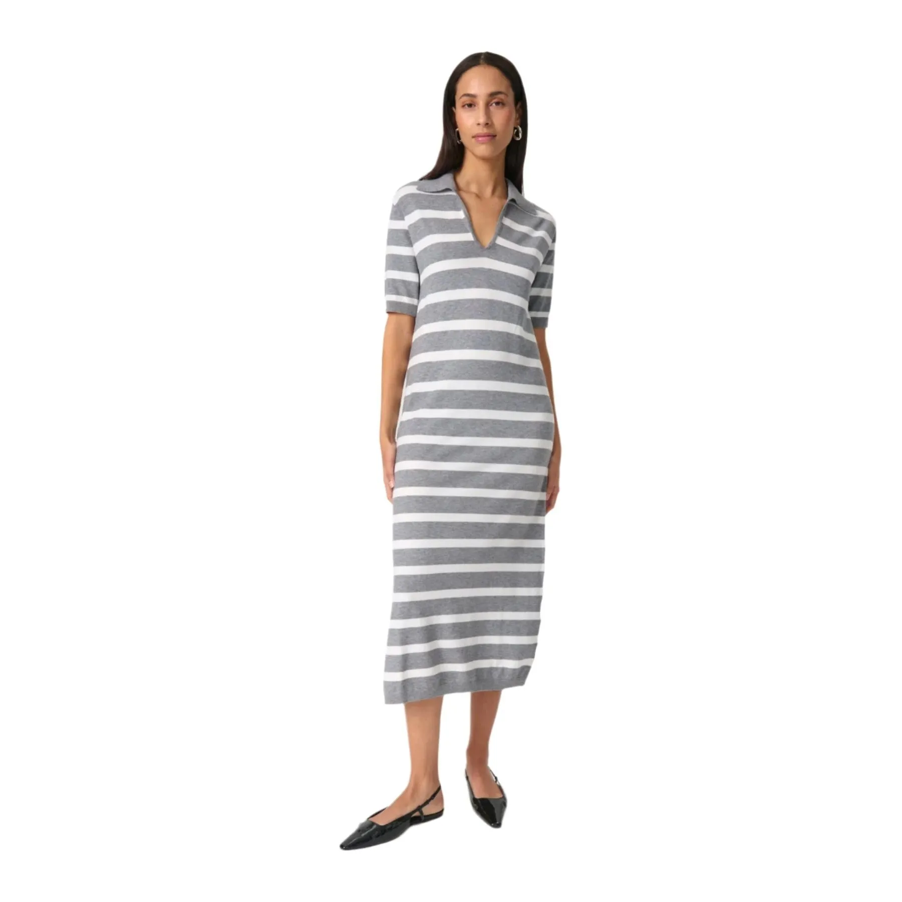 Soaked Womens Dress Spina Striped Polo Grey Melange With Broken White Printed