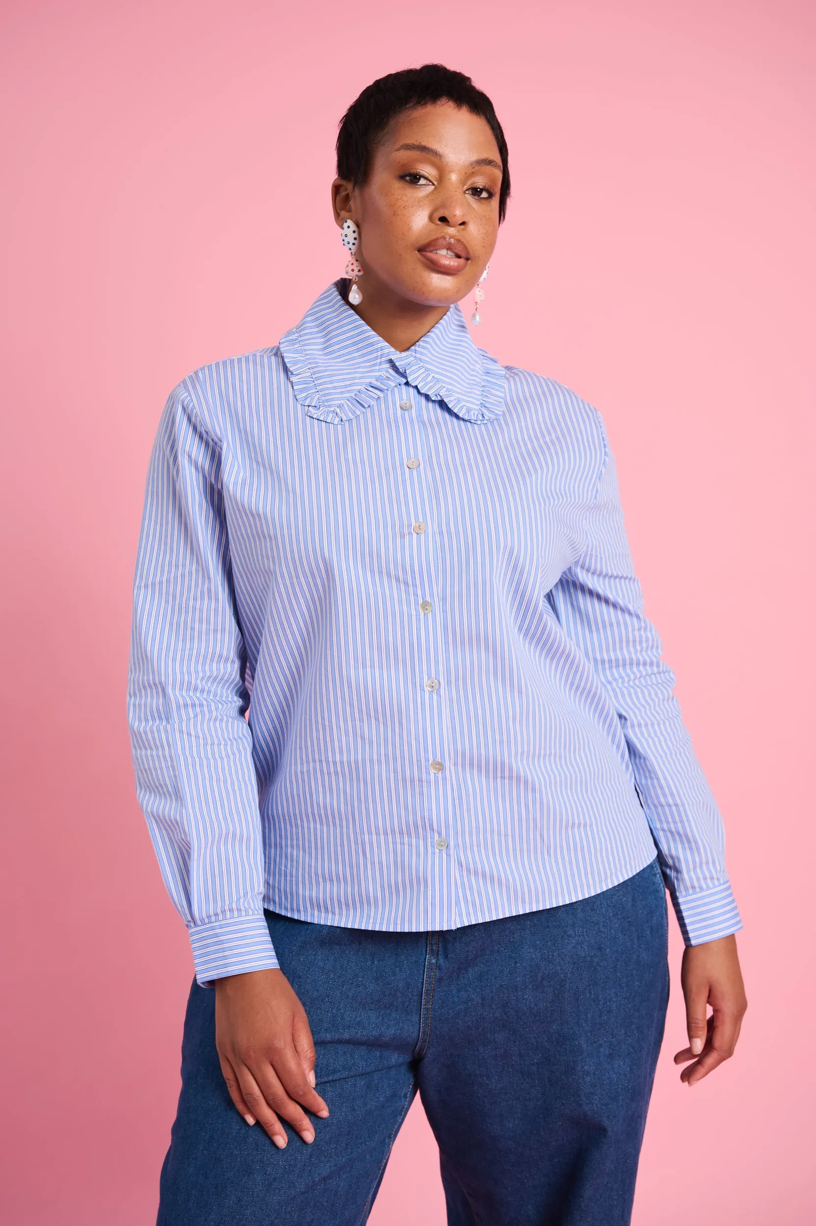 Effortless Comfort Design Fashion Comfort Peter Pan Collar Shirt in Blue Stripe