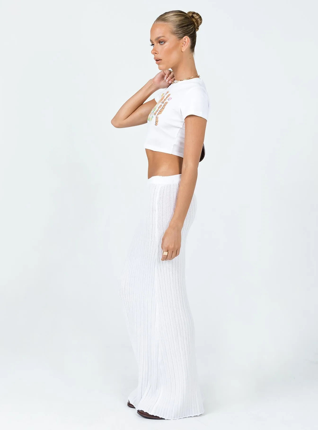Belle Knit Maxi Skirt White Quilted Texture Push Button Closure